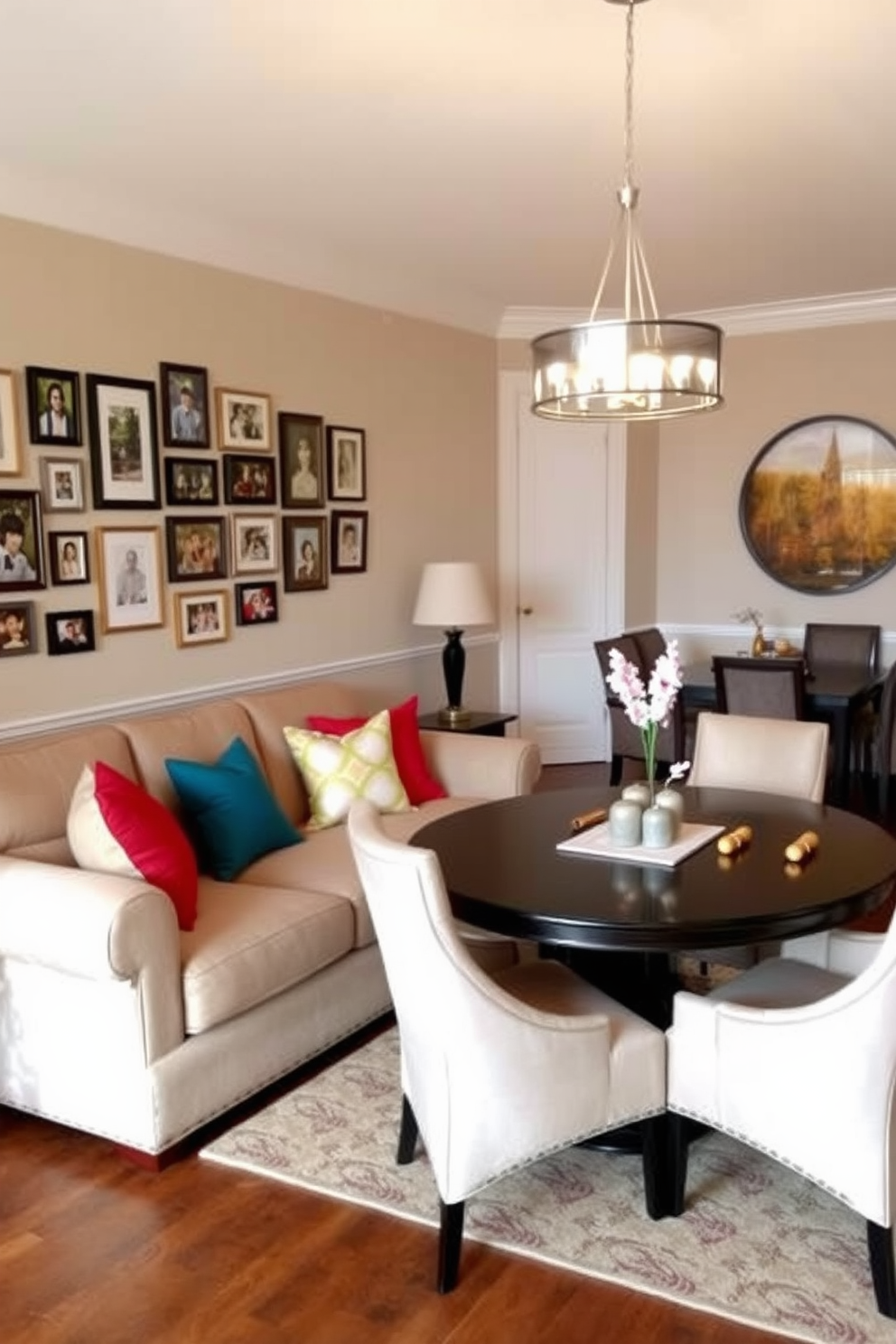 A vibrant living room dining room combo featuring bold color blocking with a bright blue sectional sofa and a striking yellow accent chair. The dining area showcases a modern round table with colorful chairs that complement the lively palette, creating an energetic and inviting space.