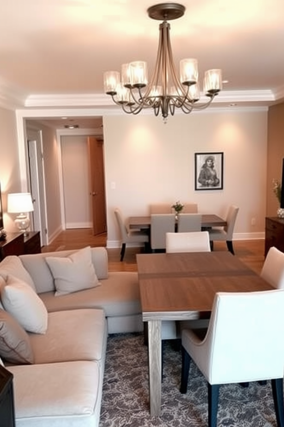 A living room dining room combo featuring bold wallpaper that creates a dramatic effect. The space is adorned with a large statement chandelier that hangs above a sleek dining table, surrounded by elegant chairs.