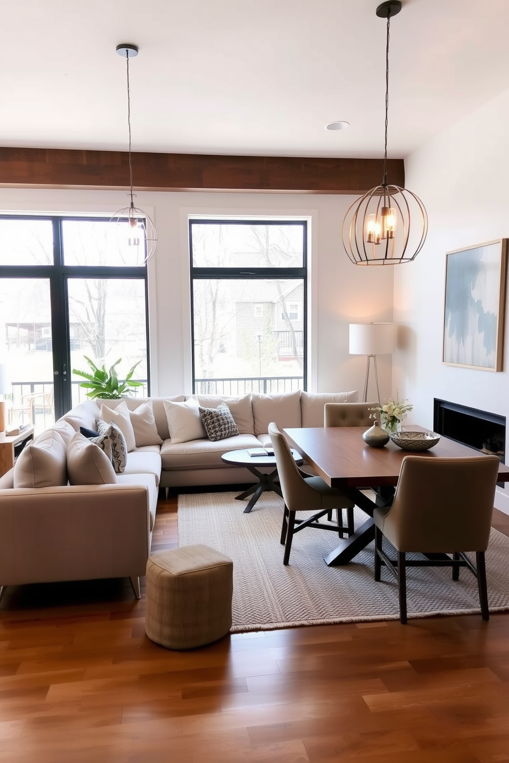 A modern cozy living room and dining room combo featuring a plush sectional sofa in soft neutral tones. Statement lighting fixtures with unique designs hang above the dining table, creating an inviting atmosphere for gatherings. The walls are adorned with artwork that complements the overall color scheme, while a textured area rug anchors the seating area. Large windows allow natural light to flood the space, enhancing the warmth and comfort of the design.