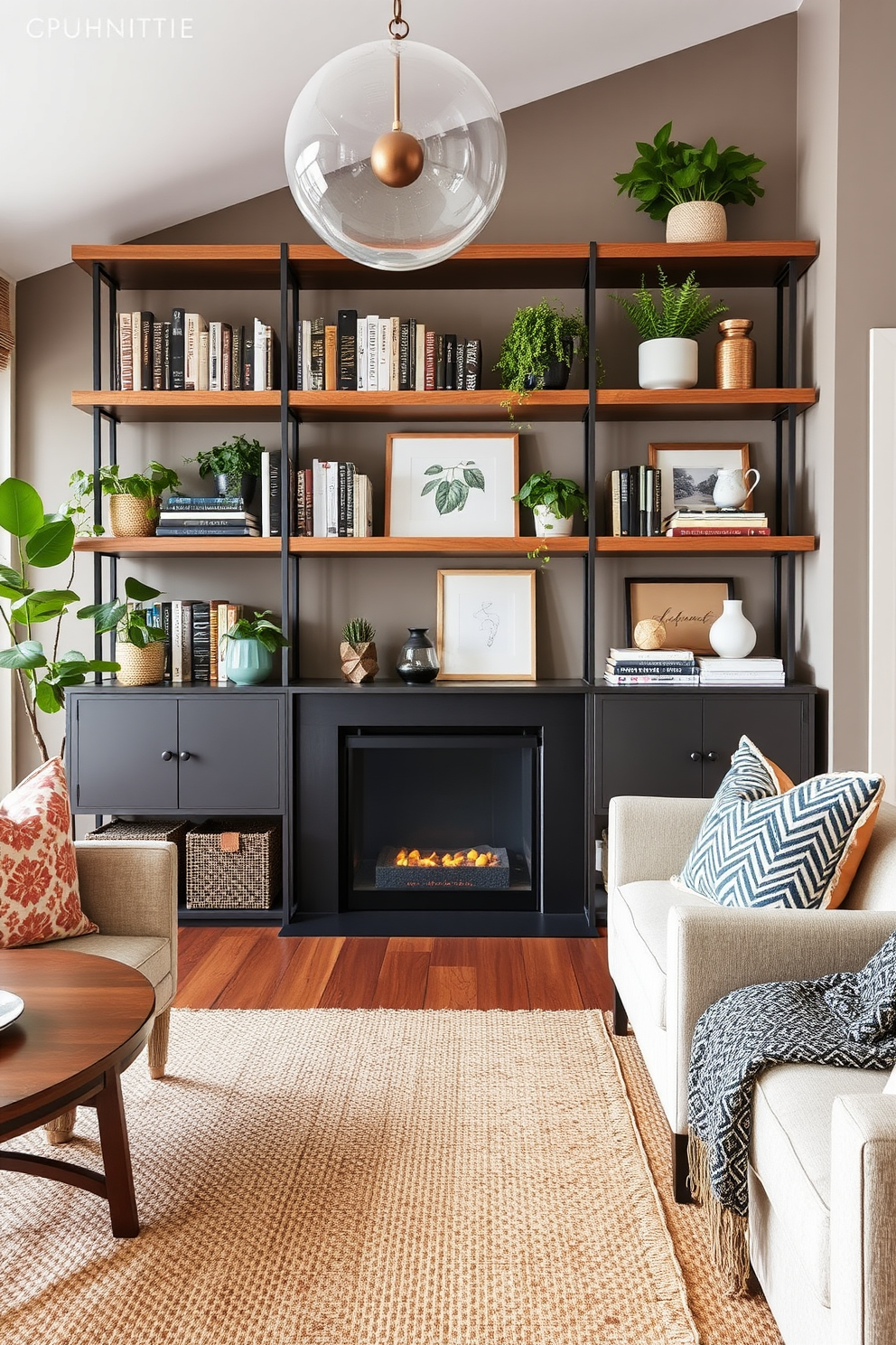 Create a stylish living room dining room combo featuring open shelving for decorative displays. The shelves are filled with a mix of books, plants, and curated decorative items, enhancing the space's warmth and character.