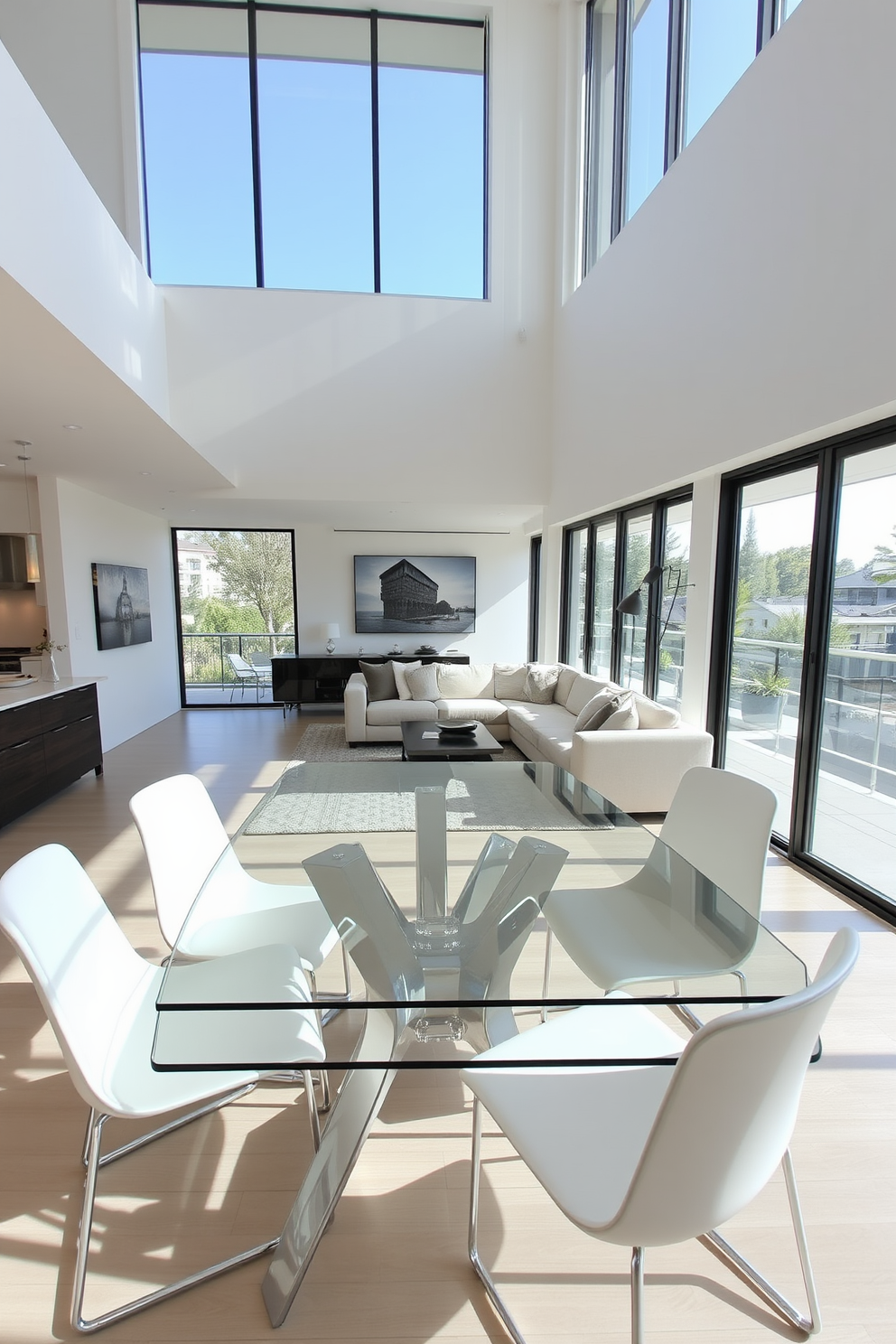 A modern glass dining table is surrounded by sleek, stylish chairs that complement the contemporary aesthetic. The space features an open layout, seamlessly connecting the living room and dining room areas for an inviting atmosphere. In the living room, a plush sectional sofa is positioned to face a minimalist coffee table, creating a cozy gathering spot. Large windows allow natural light to flood the space, enhancing the bright and airy feel of the combined living and dining areas.