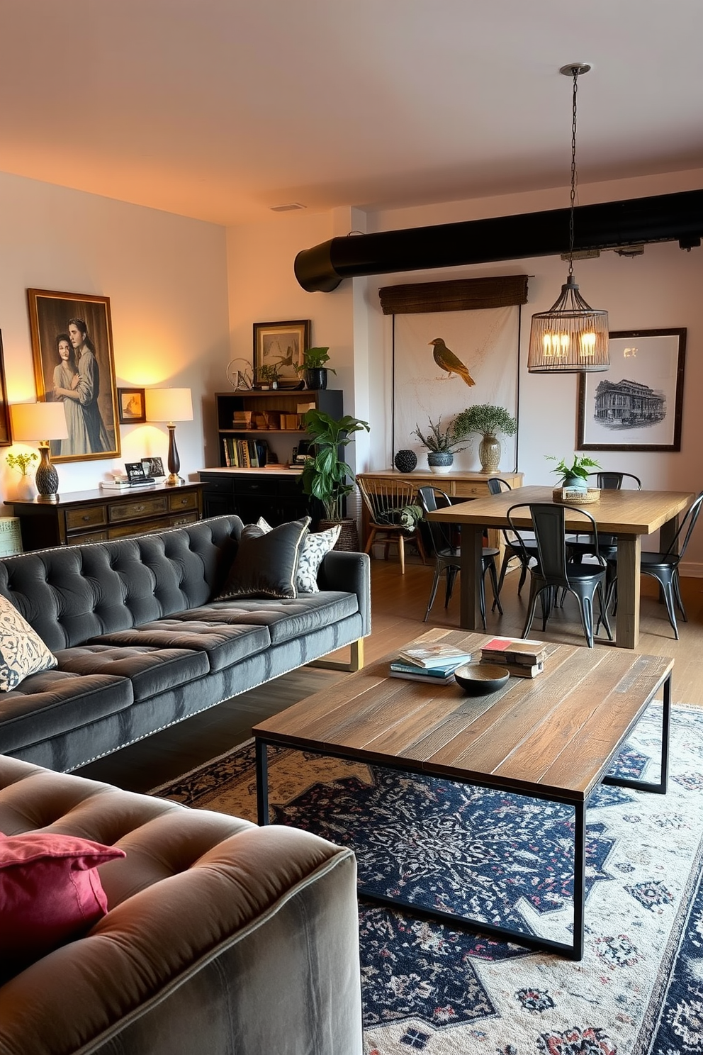 A stylish living room dining room combo featuring a mix of vintage and modern furniture pieces. The space includes a plush velvet sofa paired with a sleek glass coffee table, while a rustic wooden dining table is surrounded by contemporary metal chairs. Warm ambient lighting illuminates the area, highlighting the eclectic decor. A vintage area rug anchors the seating arrangement, creating a cozy yet sophisticated atmosphere.