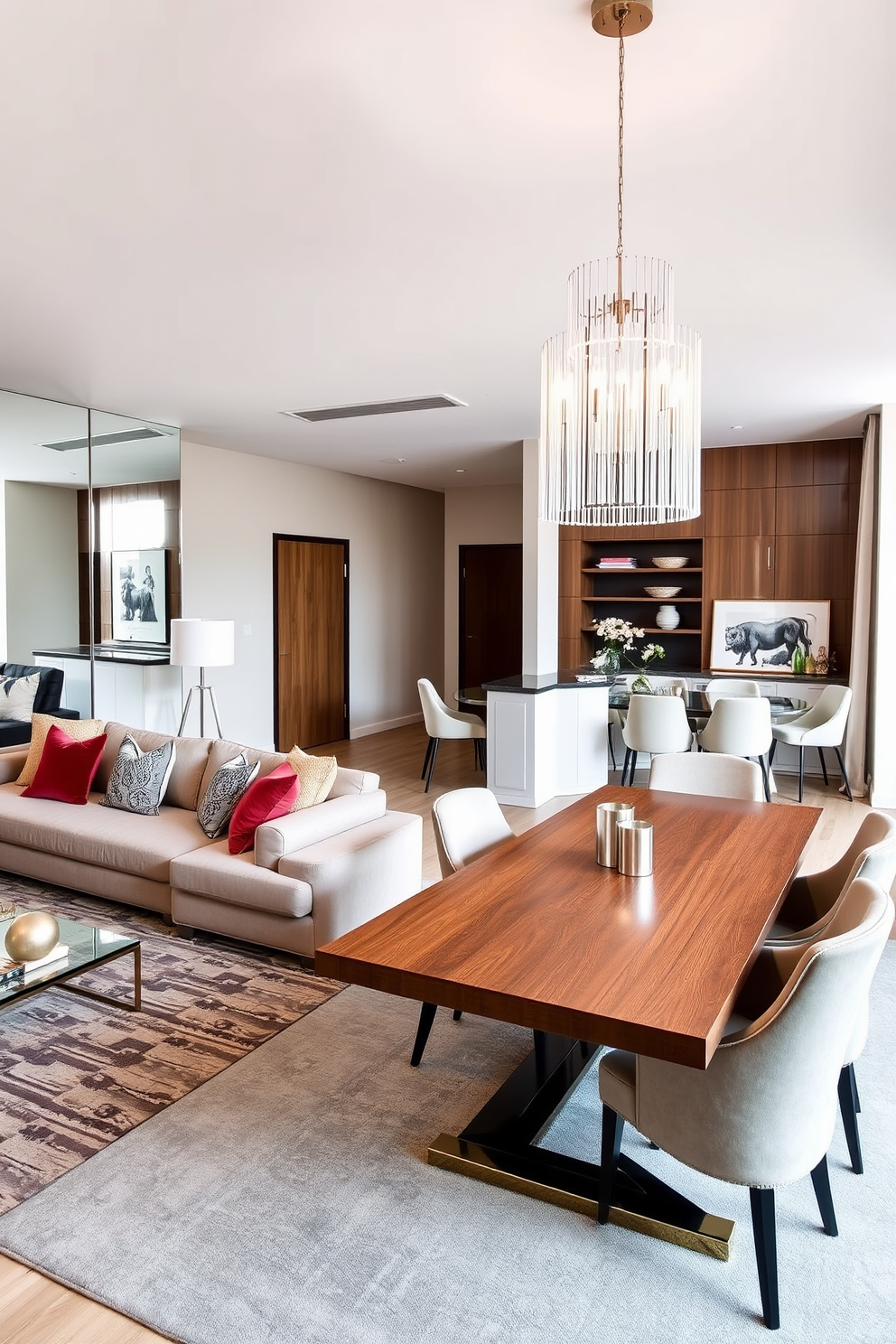 A cozy living room and dining room combo featuring layered lighting that creates a warm and inviting atmosphere. The space is enhanced by a mix of recessed lighting, stylish pendant fixtures, and soft table lamps, all contributing to a harmonious glow. The living area showcases a plush sectional sofa adorned with textured throw pillows, complemented by a sleek coffee table. Adjacent to the living space, the dining area boasts a modern dining table surrounded by elegant chairs, with a statement chandelier illuminating the scene above.