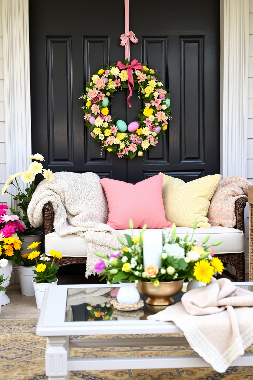 A vibrant Easter wreath adorned with an array of pastel flowers and colorful eggs hangs on the front door, welcoming guests with a cheerful touch. Surrounding the entrance, potted spring flowers in bright hues add to the festive atmosphere, creating a warm and inviting entryway. In the living room, a cozy arrangement of pastel-colored throw pillows and a soft, textured blanket drapes over the couch, enhancing the seasonal decor. A decorative coffee table features an elegant centerpiece of fresh flowers and Easter-themed accents, bringing a playful yet sophisticated vibe to the space.