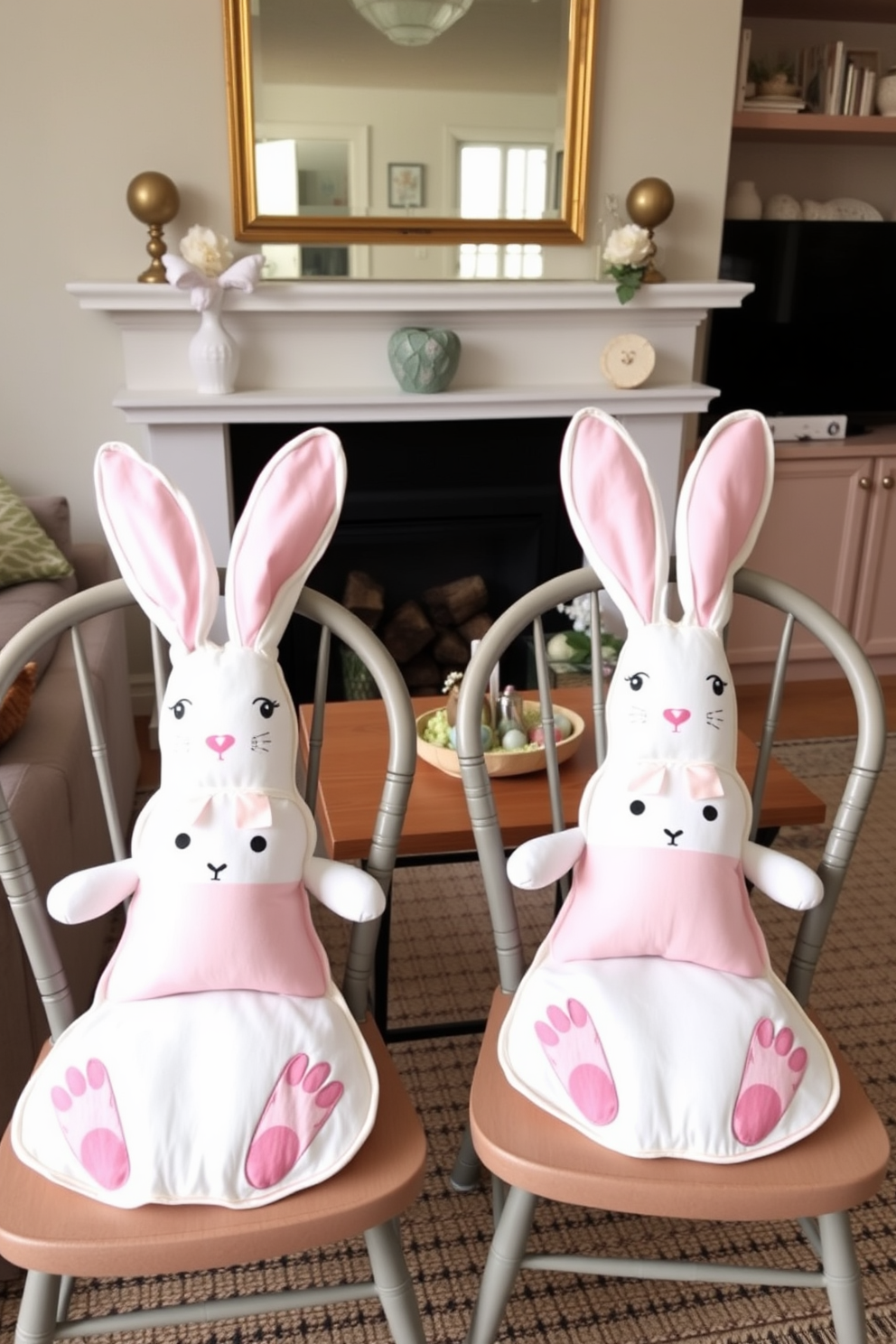 A charming living room adorned with a cute bunny garland draped elegantly across the mantel. The garland features pastel-colored bunnies and is complemented by soft spring-themed decorations throughout the space.