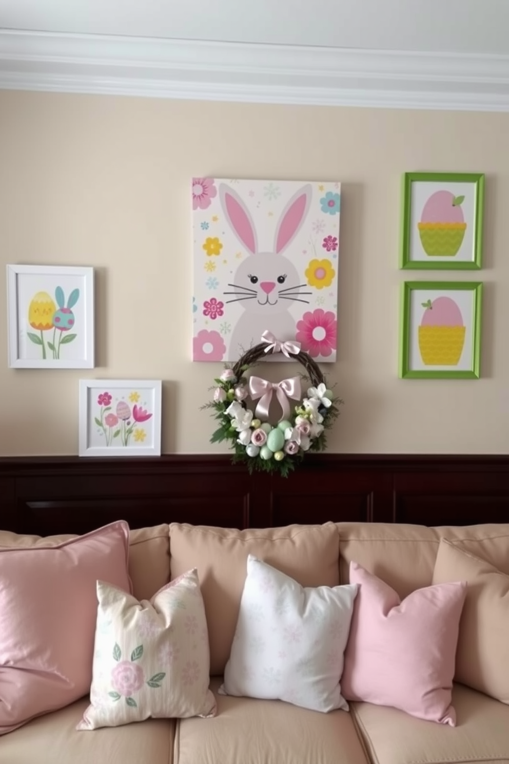 Vibrant spring-themed wall art pieces adorn the living room walls, featuring colorful floral patterns and cheerful pastel colors. A large canvas with a whimsical bunny design serves as the focal point, complemented by smaller framed prints of blooming flowers and Easter eggs. The space is decorated with soft pastel throw pillows on a plush sofa, creating a cozy atmosphere perfect for family gatherings. A decorative Easter wreath hangs on the door, welcoming guests with a touch of seasonal charm.