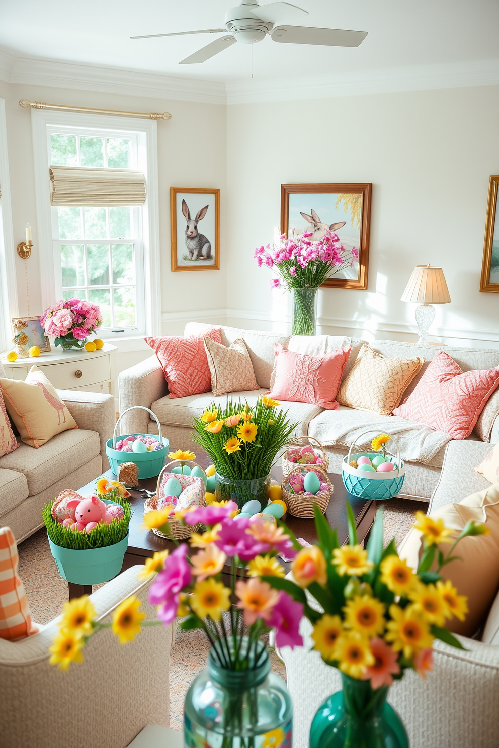 A bright and cheerful living room adorned with Easter decorations. In the center, a coffee table showcases an array of colorful Easter baskets filled with treats, surrounded by pastel-colored cushions on a cozy sofa. The walls are decorated with spring-themed artwork, and a large window lets in natural light, enhancing the festive atmosphere. Fresh flowers in vibrant hues are arranged in a vase, adding a touch of nature to the scene.