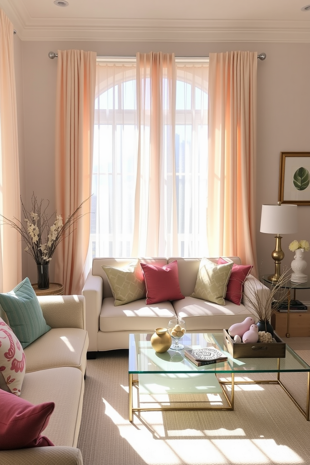 A bright living room adorned with soft pastel curtains that gently filter sunlight, creating a fresh and airy atmosphere. The space features a cozy sofa with colorful throw pillows, complemented by a stylish coffee table adorned with seasonal decorations for Easter.