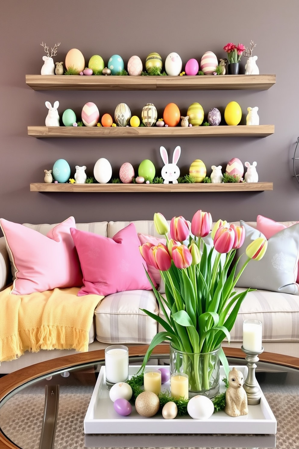 Creative egg display on shelves featuring a variety of colorful decorative eggs arranged in an artistic manner. The shelves are made of reclaimed wood and are adorned with spring-themed accents like small bunnies and fresh flowers. Living room Easter decorating ideas that incorporate pastel-colored cushions and a cheerful throw blanket on the sofa. A centerpiece of blooming tulips in a decorative vase sits on the coffee table, surrounded by themed candles and Easter eggs for a festive touch.