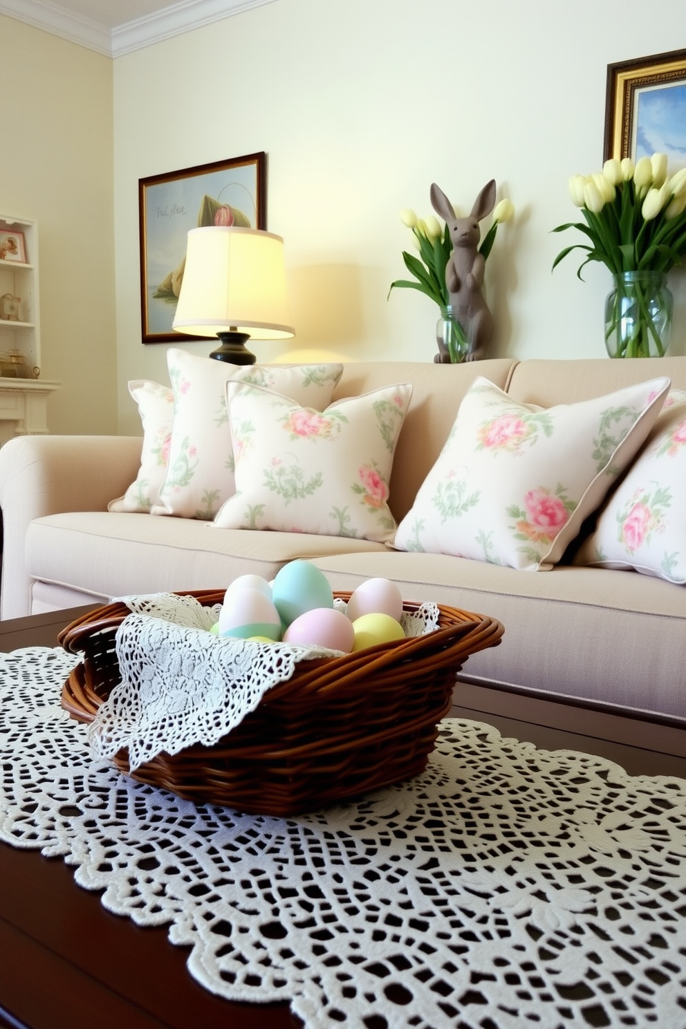 Charming vintage Easter decorations fill the living room with a warm and inviting atmosphere. Delicate pastel-colored eggs are nestled in a wicker basket on the coffee table, while a vintage lace tablecloth adds a touch of elegance. Soft, floral-patterned throw pillows adorn the sofa, complementing the cheerful spring theme. A whimsical bunny figurine sits on the mantel, surrounded by fresh tulips in a glass vase, enhancing the festive decor.