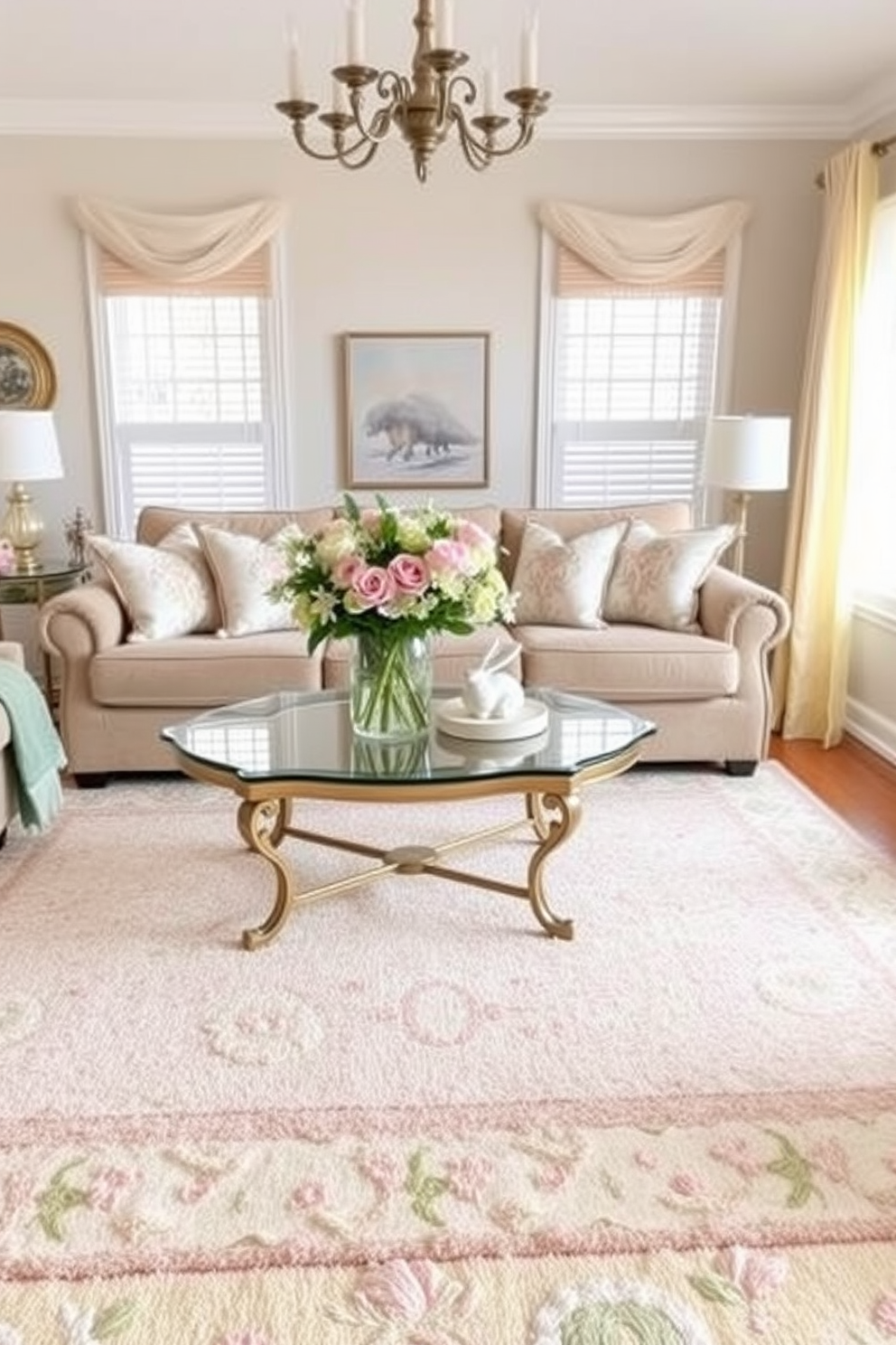 A living room adorned with layered rugs in soft spring colors creates a warm and inviting atmosphere. The combination of pastel hues like light pink, mint green, and soft yellow adds a cheerful touch to the space. Decorative elements such as floral cushions and an elegant coffee table complement the layered rugs beautifully. Fresh flowers in a vase on the table enhance the seasonal theme, making the room feel lively and festive for Easter.