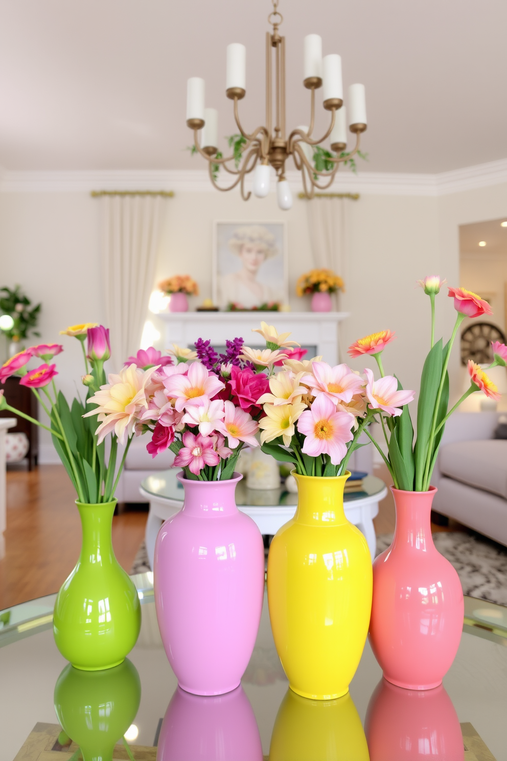 Brightly colored vases filled with fresh flowers are strategically placed around a spacious living room. The vibrant hues of the flowers complement the soft pastel shades of the Easter decorations adorning the space.