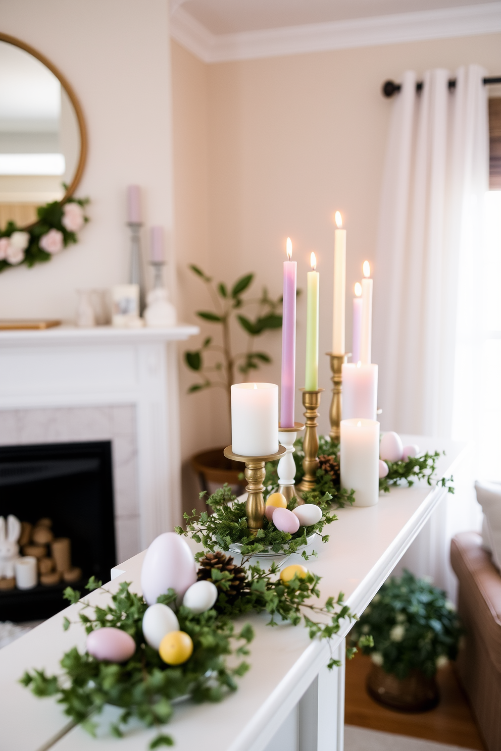 A cozy living room adorned with Easter-themed candles on the mantel. The candles are in pastel colors, arranged in varying heights, surrounded by decorative greenery and small Easter eggs.