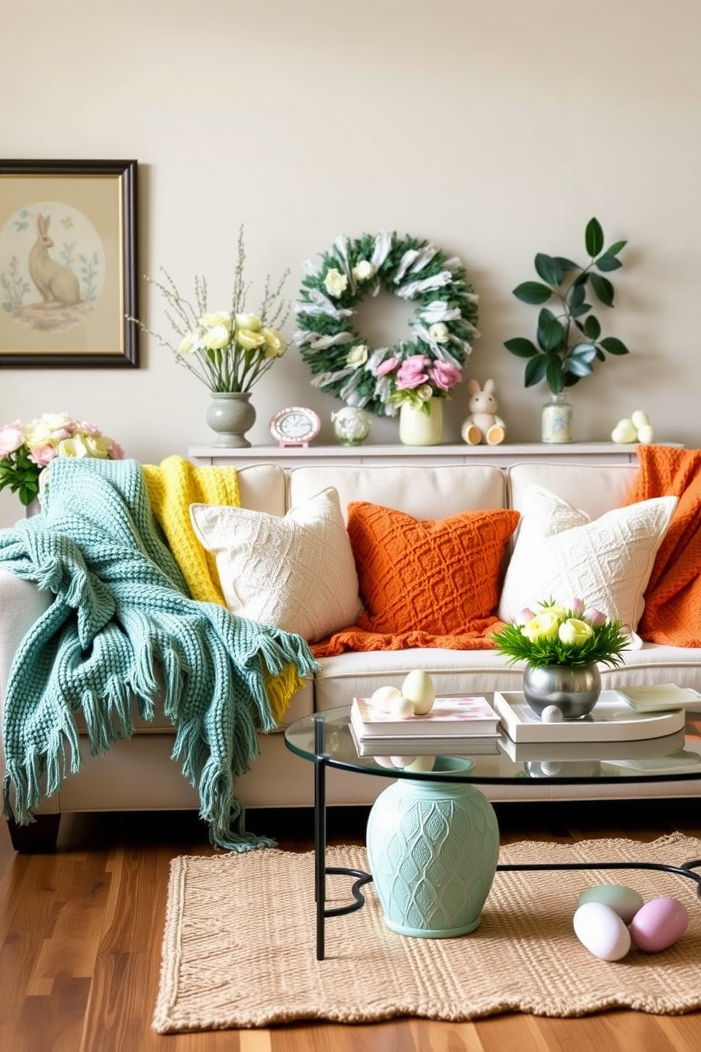 A cozy living room adorned with seasonal throw blankets in cheerful hues. The vibrant colors of the blankets complement the neutral tones of the sofa and add a touch of warmth to the space. Easter decorations are tastefully arranged throughout the room. Delicate floral arrangements and pastel-colored accents create a festive atmosphere, inviting comfort and joy.