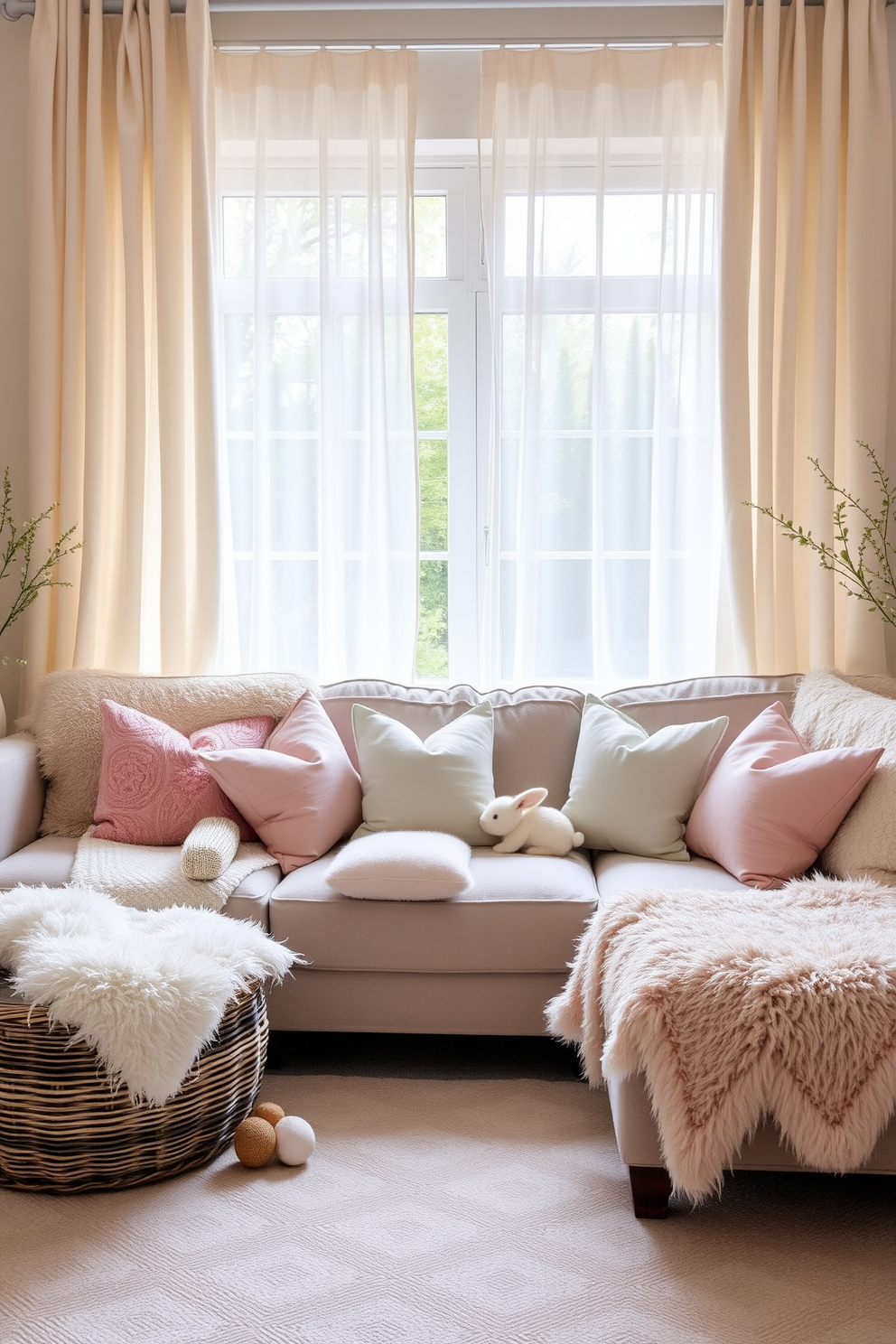 A cozy living room adorned with pastel throw pillows scattered across a plush sofa. The space is filled with soft, natural light filtering through sheer curtains, creating a warm and inviting atmosphere for Easter celebrations.