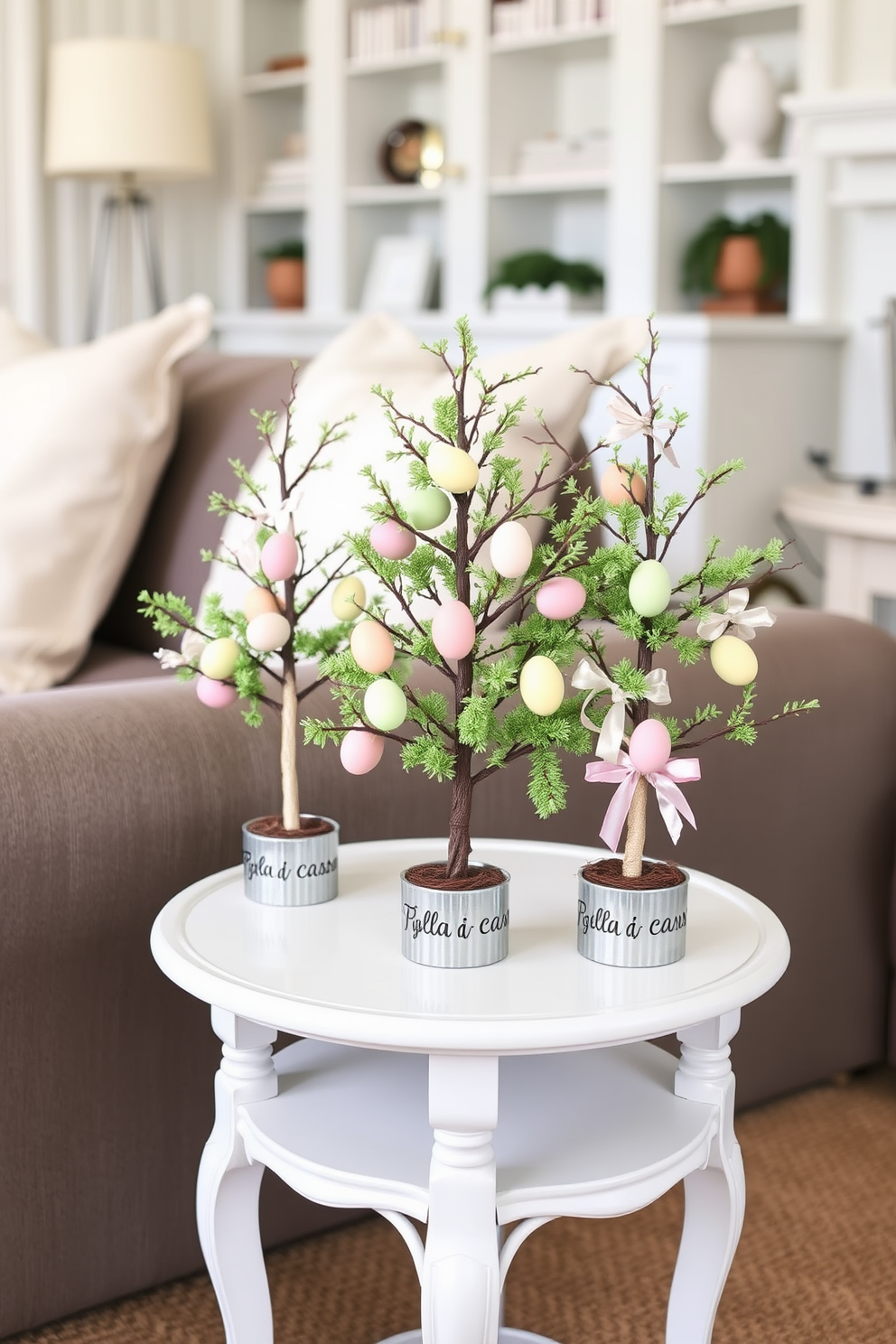 A cozy living room adorned with miniature Easter trees placed on elegant side tables. The trees are decorated with pastel-colored eggs and delicate ribbons, creating a festive and cheerful atmosphere.