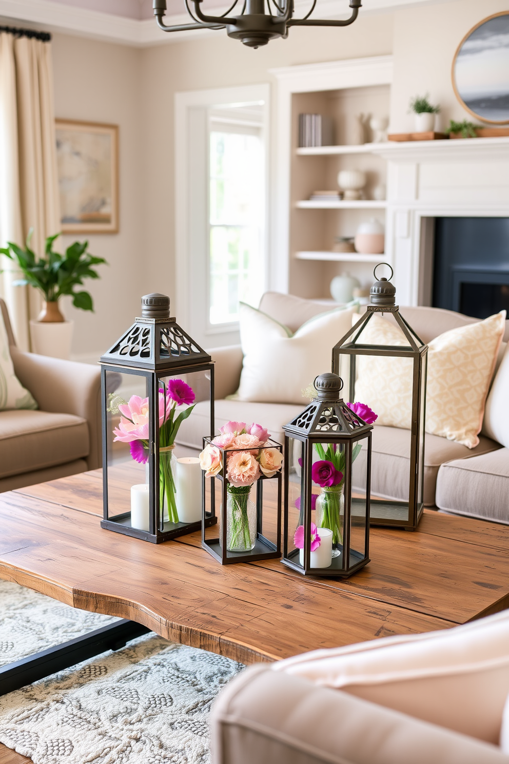 A cozy living room adorned with decorative lanterns filled with vibrant spring florals. The lanterns are placed on a rustic wooden coffee table surrounded by plush seating and pastel-colored cushions.