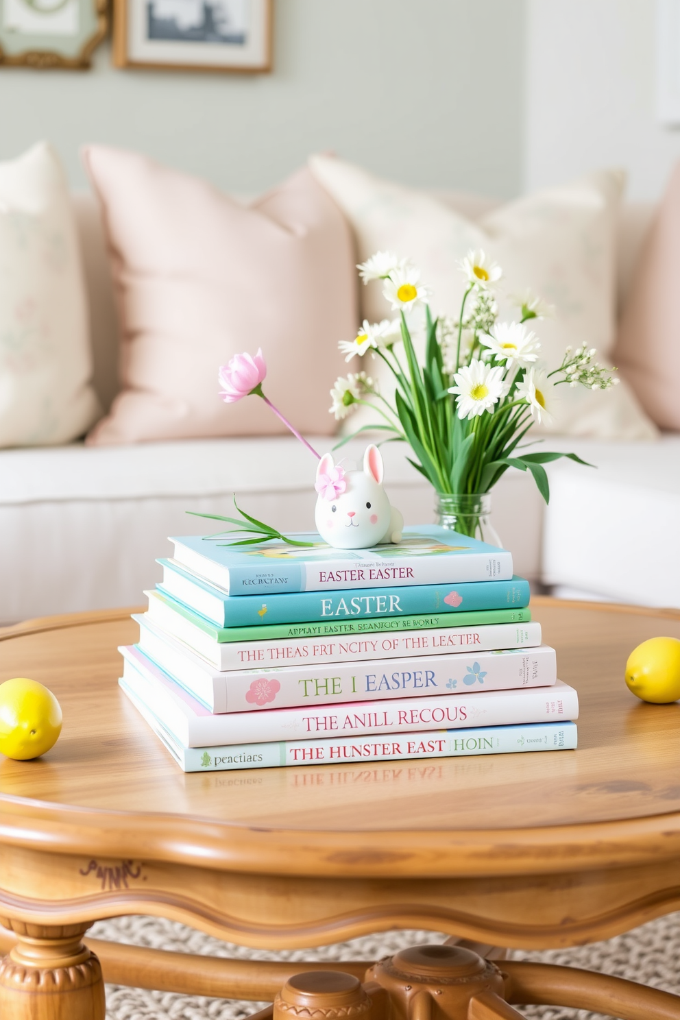 A charming coffee table is adorned with a stack of beautifully designed Easter-themed books. The table is surrounded by a cozy living room featuring pastel-colored cushions and spring floral arrangements.