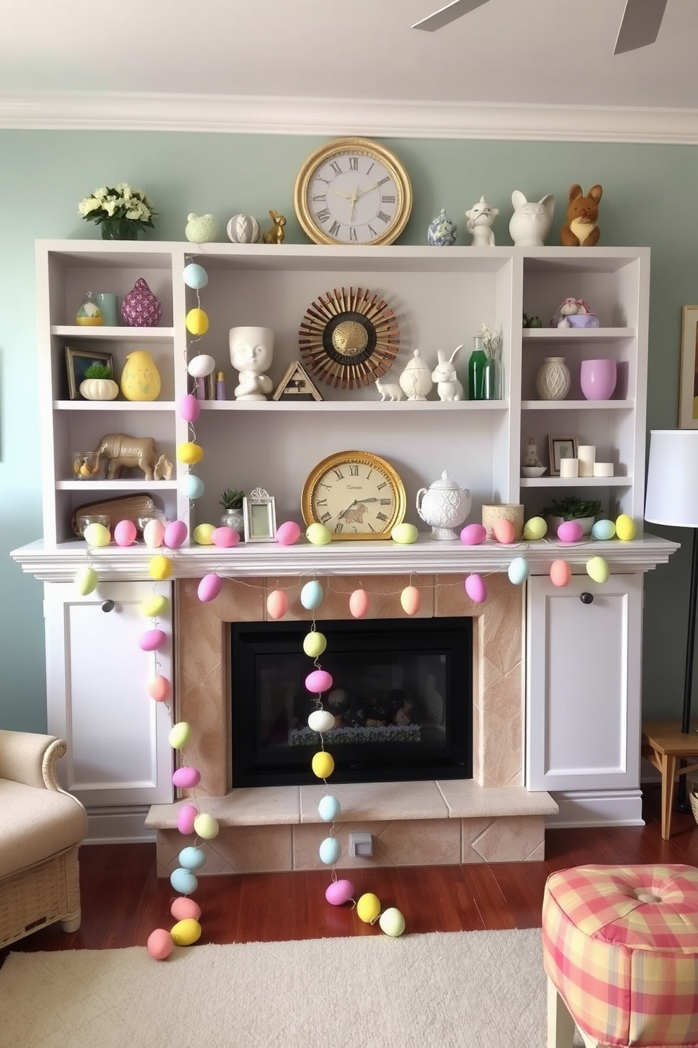 A vibrant and playful living room adorned with a colorful egg garland draped gracefully from the shelves. The shelves are filled with various decorative items, and the garland adds a festive touch to the overall Easter theme.