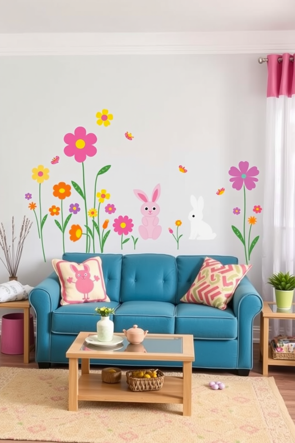 A beautifully arranged decorative tray sits on a coffee table, filled with colorful Easter treats such as chocolate eggs, pastel candies, and decorative bunnies. Surrounding the tray are soft pastel-colored cushions and a cheerful floral arrangement that adds a festive touch to the living room. The living room is adorned with Easter-themed decorations, including garlands of eggs hanging above the mantel and a vibrant table runner featuring spring motifs. Natural light streams in through large windows, illuminating the space and enhancing the joyful atmosphere of the holiday.