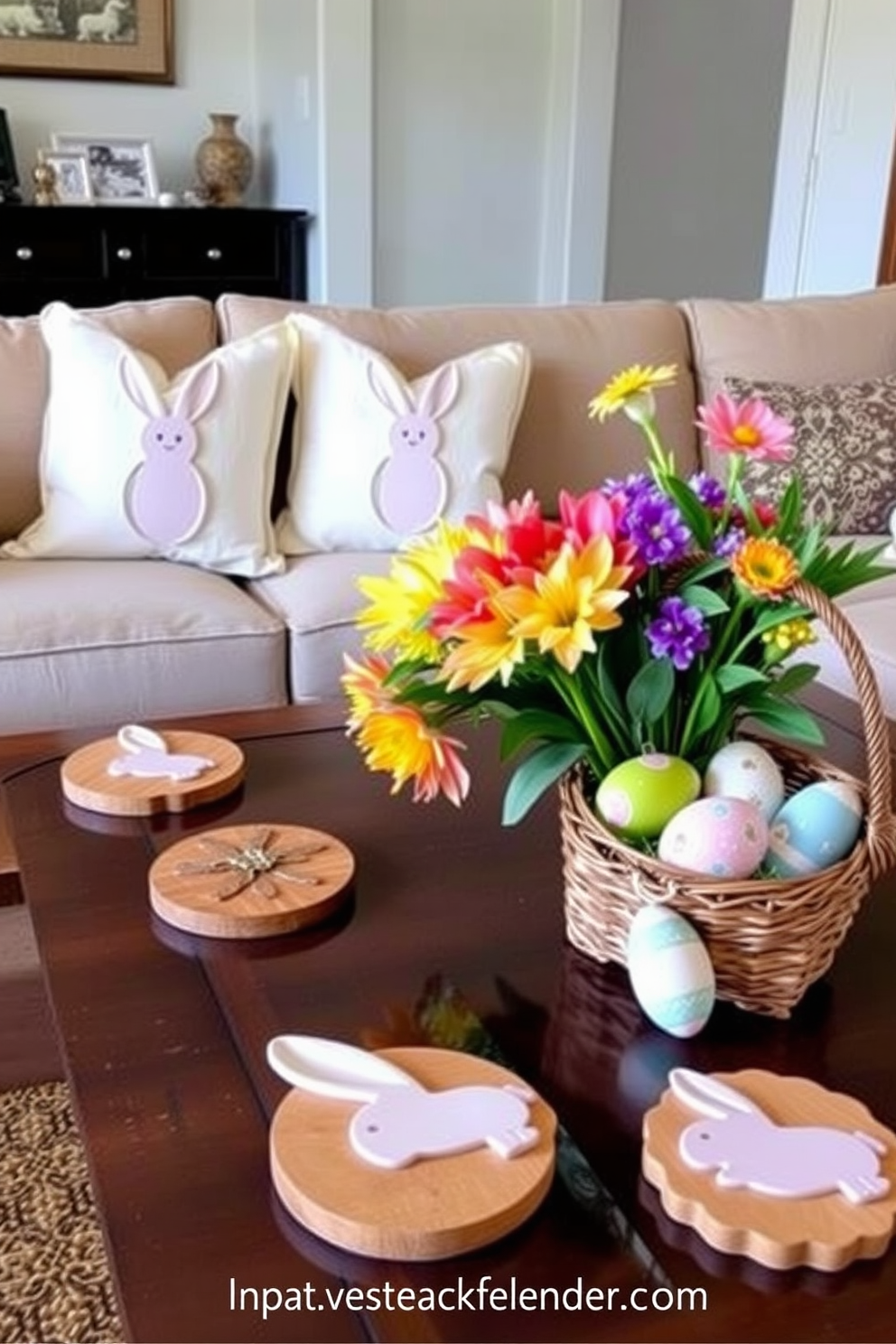 Bunny themed coasters for coffee tables. The coasters are crafted from natural wood with intricate bunny carvings, featuring pastel colors that evoke a cheerful spring atmosphere. Living room Easter decorating ideas. Soft throw pillows with bunny motifs adorn the sofa, while a vibrant floral arrangement sits on the coffee table, complemented by decorative eggs nestled in a charming basket.