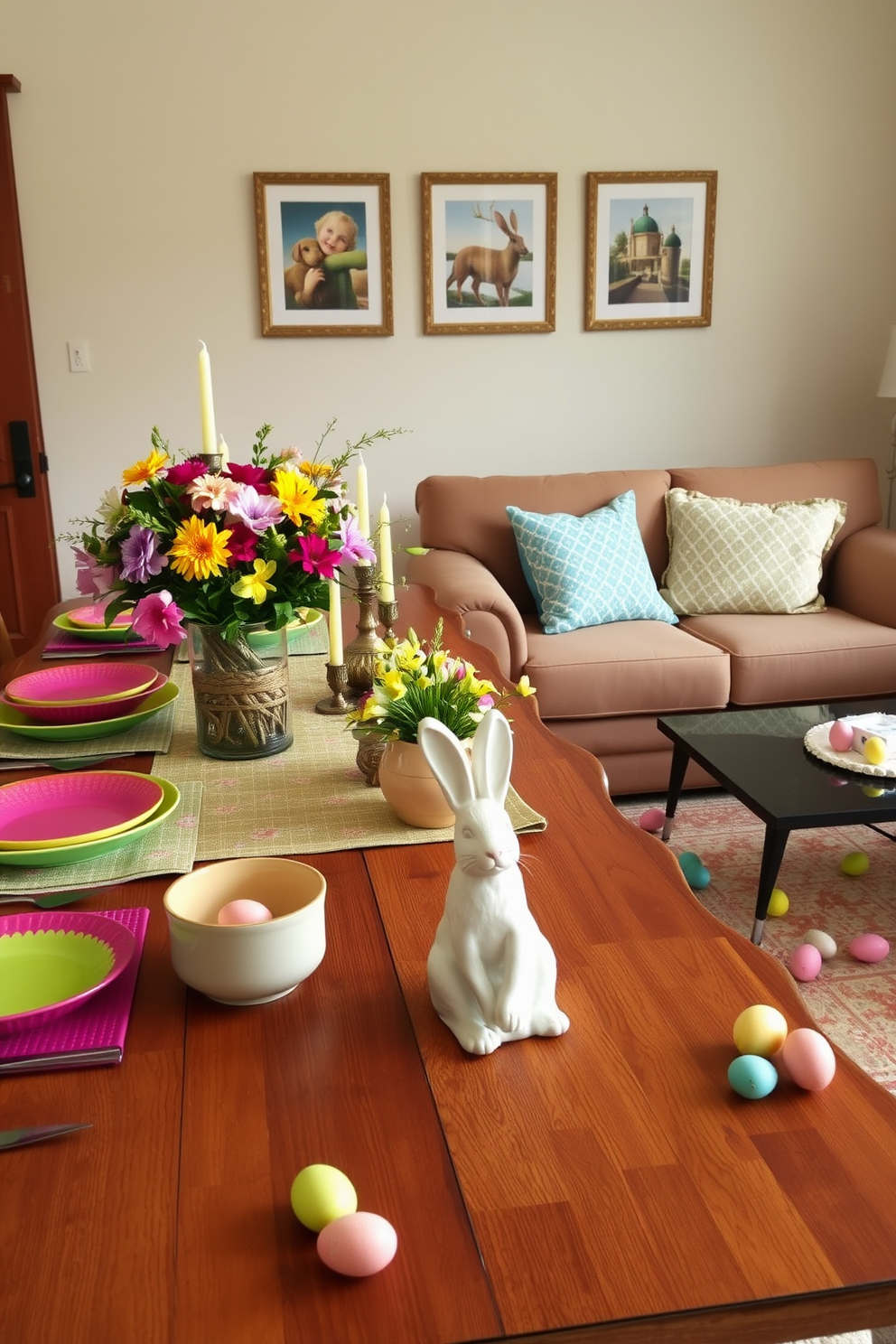 A festive table setting for family gatherings features a long wooden table adorned with a vibrant tablecloth and an array of colorful dishes. Fresh flowers in a centerpiece vase and candles of varying heights create a warm and inviting atmosphere. For living room Easter decorating ideas, a cozy seating arrangement is complemented by pastel-colored throw pillows and a decorative bunny figurine on the coffee table. Brightly colored eggs are scattered around the room, adding a playful touch to the overall decor.