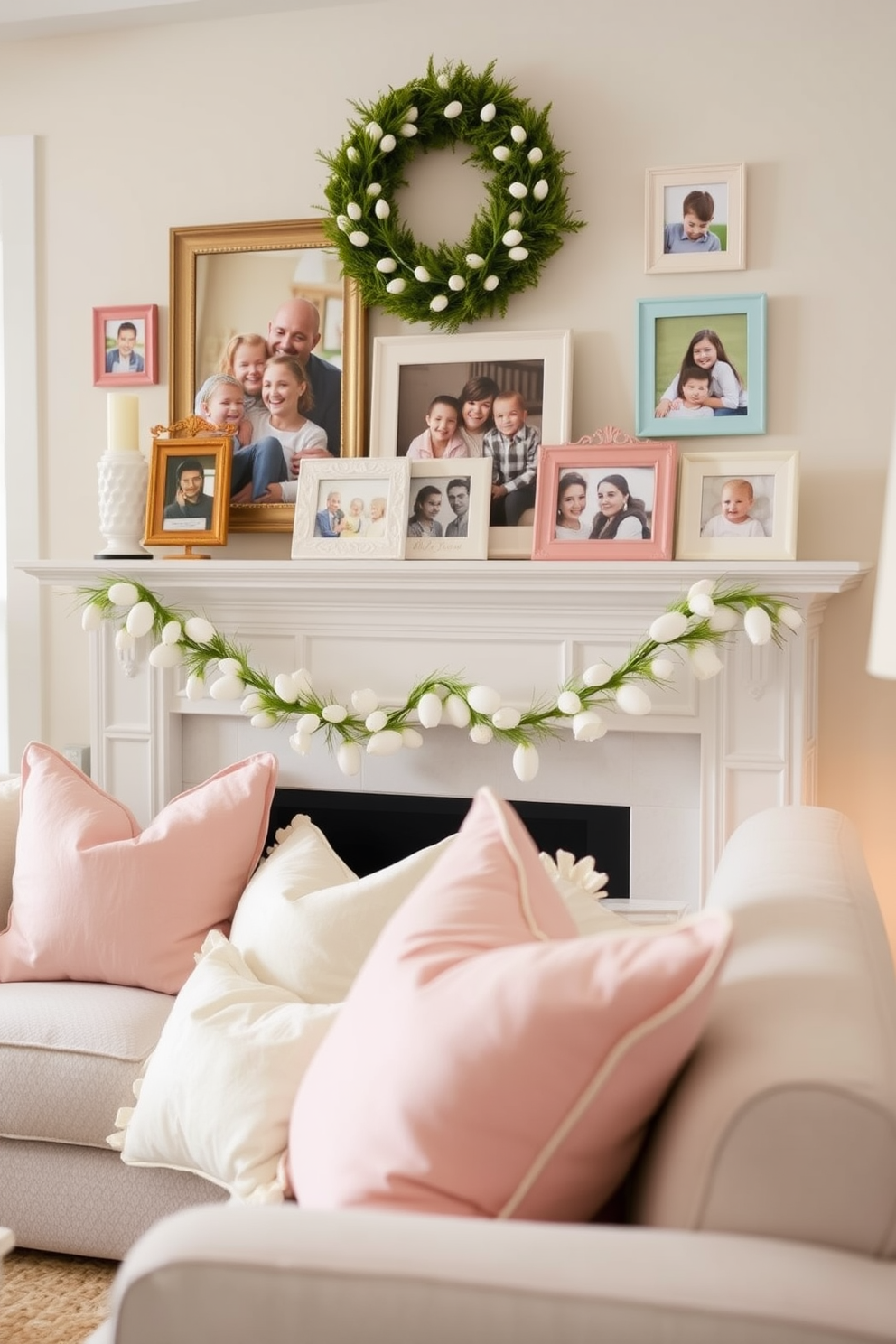 A cozy living room adorned with pastel-colored picture frames showcasing family photos. The space is decorated with soft throw pillows and a light pastel-themed Easter garland draped across the mantelpiece.