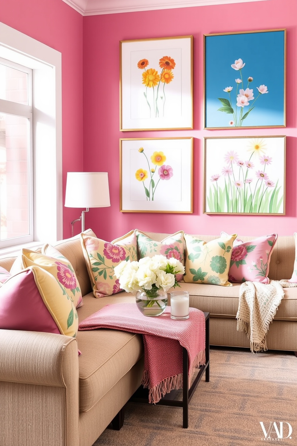 Easter themed dishware is elegantly arranged on a white wooden shelf. The display features pastel colored plates and cups adorned with floral patterns, complemented by decorative bunnies and eggs. The living room is adorned with cheerful Easter decorations. A soft yellow throw blanket drapes over a cozy sofa, while a vibrant floral arrangement sits on the coffee table, bringing a festive touch to the space.