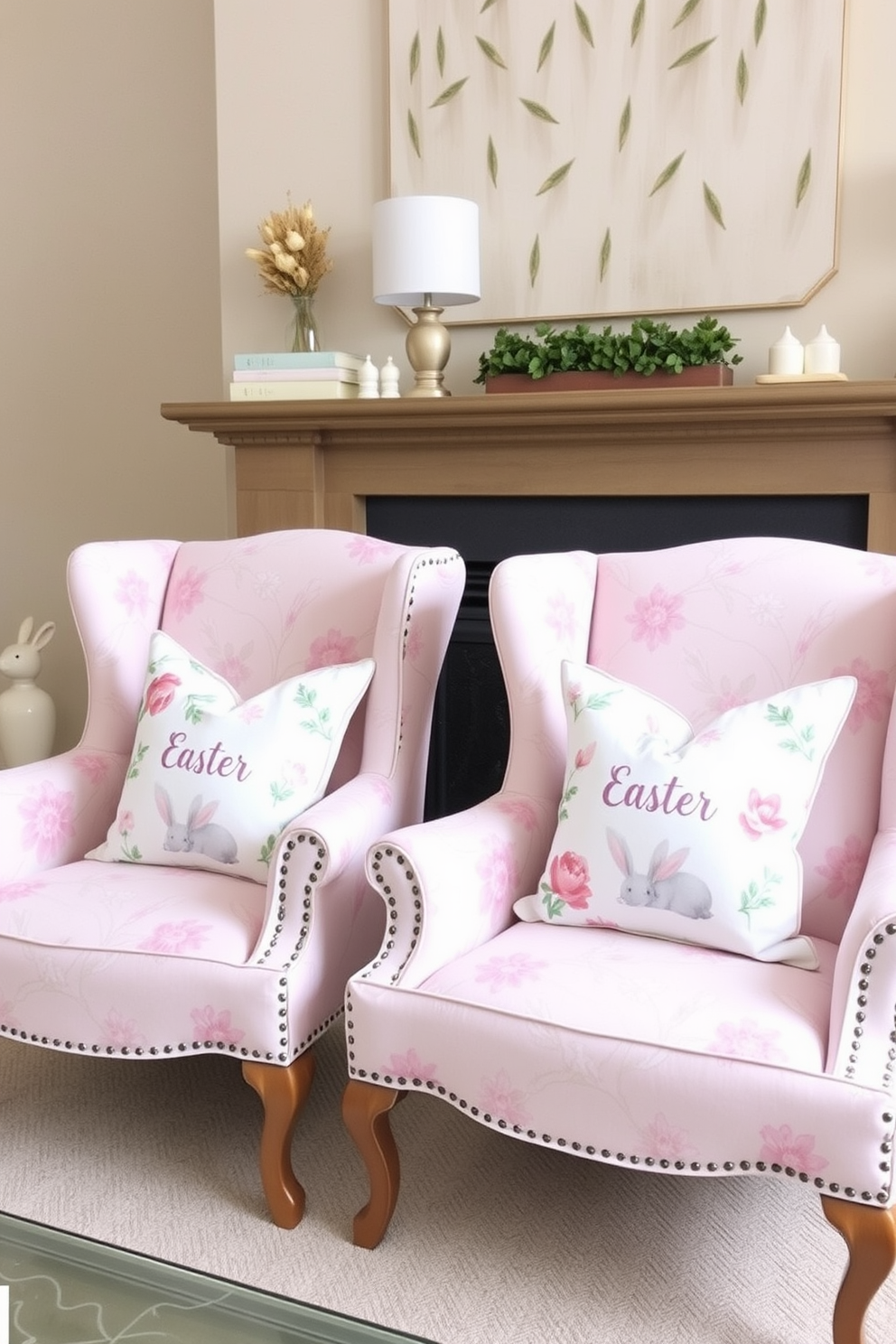 Easter-themed pillows are placed on two accent chairs in a cozy living room. The chairs are upholstered in soft pastel fabrics, featuring floral and bunny patterns that add a festive touch to the space.