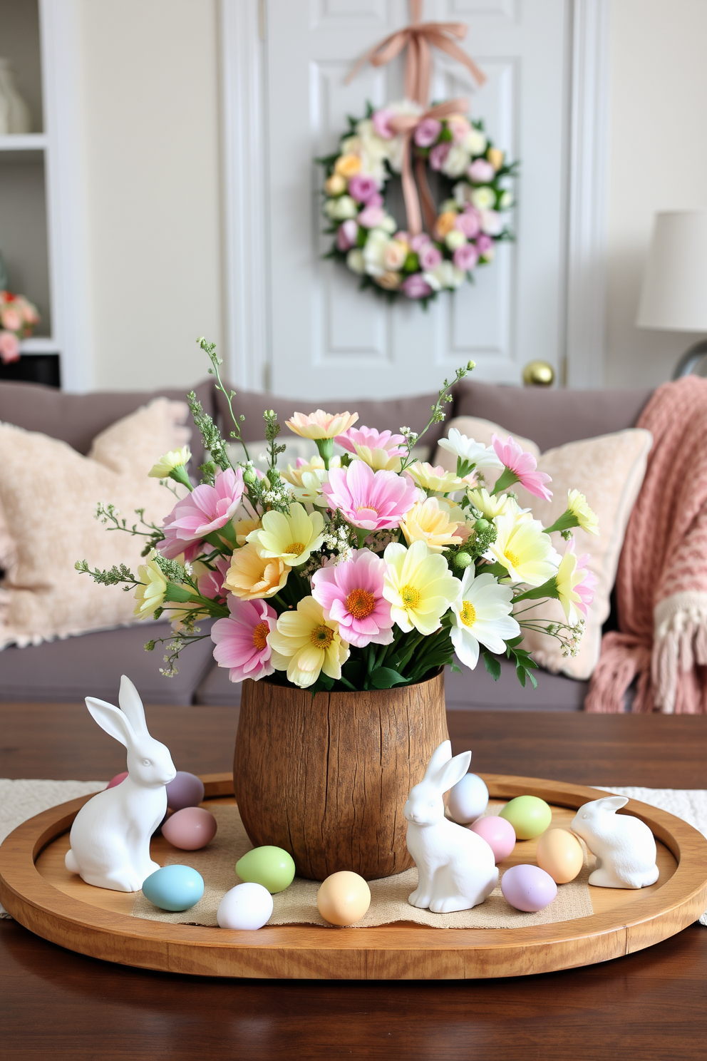 Easter-themed table centerpiece featuring a variety of colorful flowers arranged in a rustic wooden vase. The centerpiece is surrounded by pastel-colored eggs and delicate bunny figurines, creating a festive and inviting atmosphere. Living room decorated for Easter with soft pastel hues and elegant touches. Plush cushions and a cozy throw blanket adorn the sofa, while a cheerful wreath made of spring flowers hangs on the door.