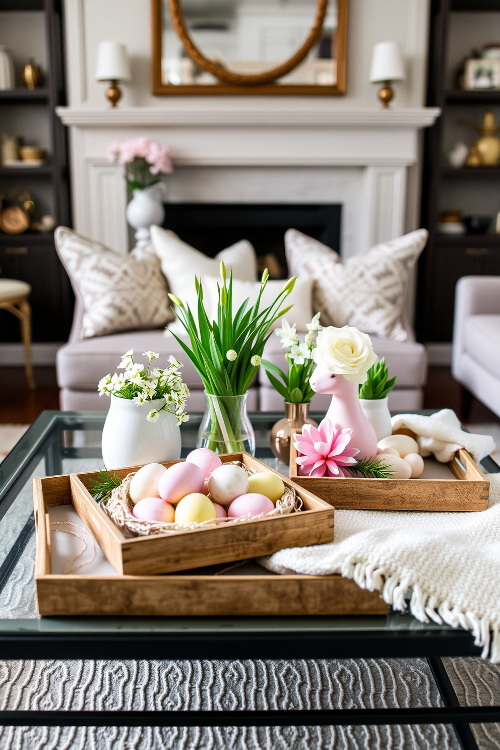 A stylish living room adorned with decorative trays showcasing seasonal items. The trays are artfully arranged on a coffee table, featuring pastel-colored eggs, fresh flowers, and soft, textured fabrics that evoke a cheerful Easter ambiance.