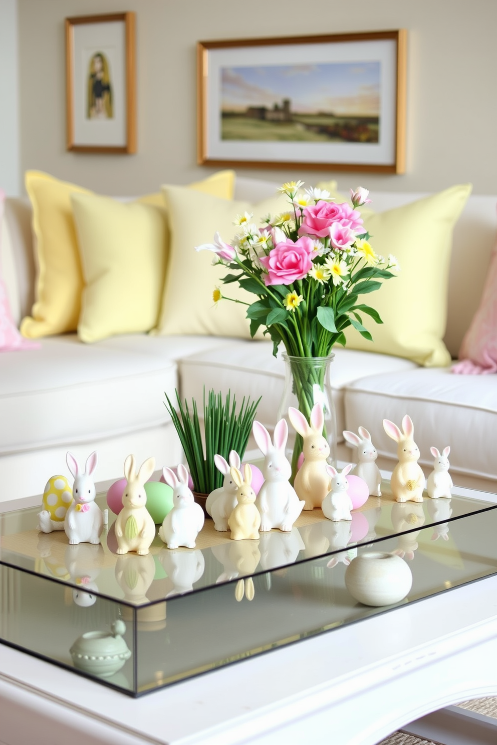 A charming living room setting adorned for Easter. The coffee table is decorated with an assortment of delightful bunny figurines in various poses and colors, adding a playful touch to the space. Soft pastel colors dominate the decor, with light yellow and pale pink cushions on the sofa. Fresh flowers in a vase complement the festive theme, creating a warm and inviting atmosphere.