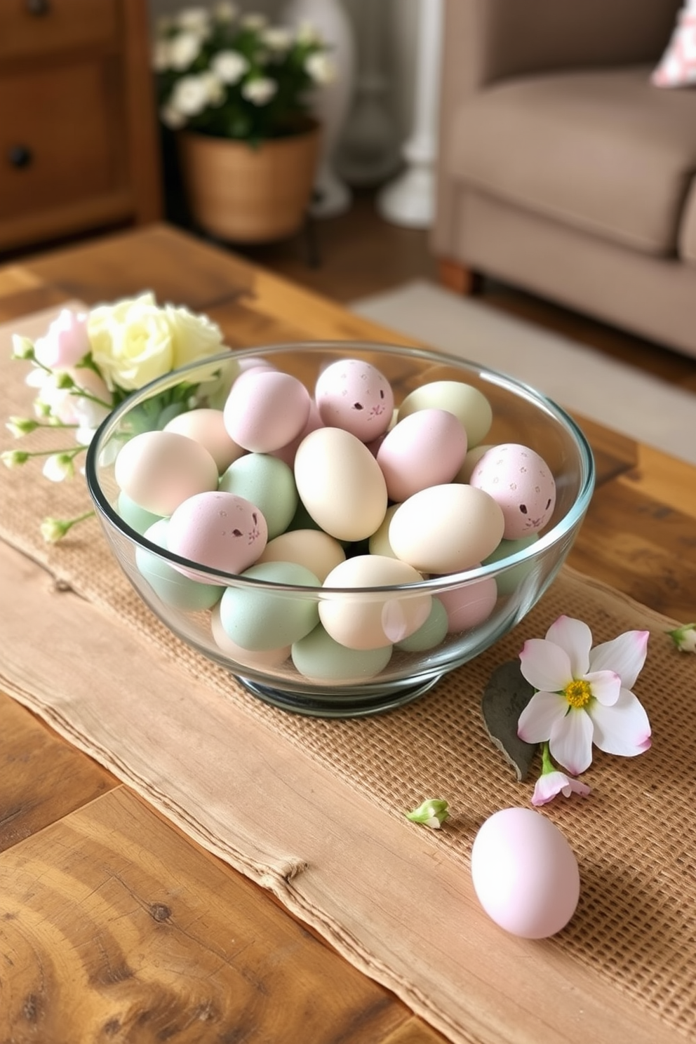 A beautifully arranged glass bowl filled with decorative eggs in various pastel colors sits on a rustic wooden coffee table. The bowl is surrounded by soft, spring-themed decor, including fresh flowers and a woven table runner, creating a warm and inviting atmosphere for Easter celebrations.