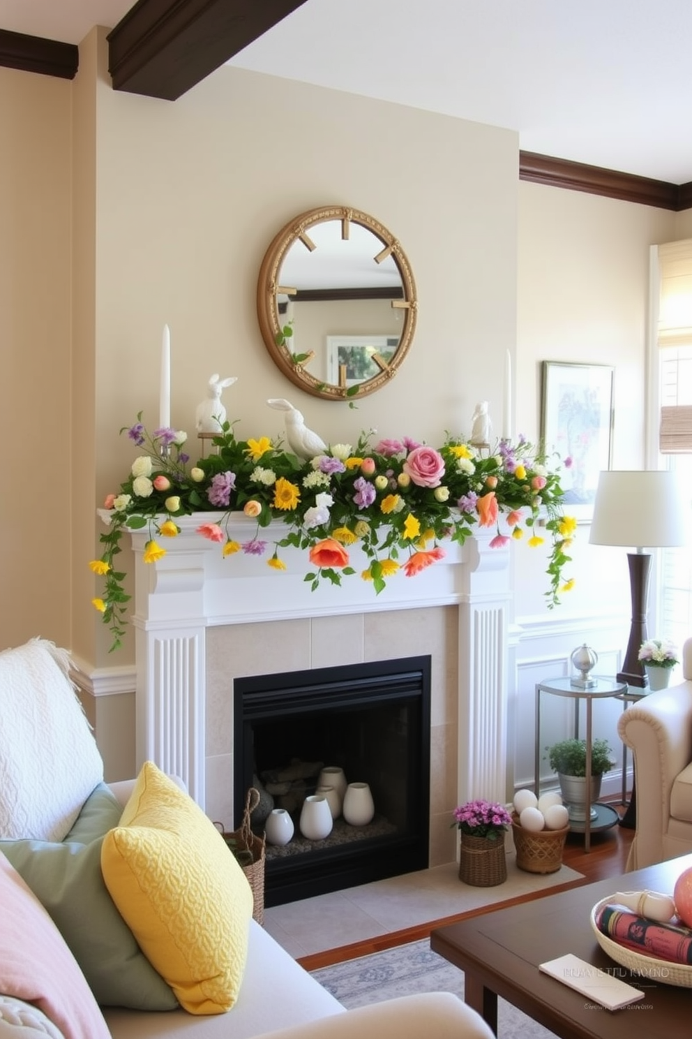 A charming living room setting adorned with a spring-themed table runner draped elegantly over a sleek console table. The runner features vibrant floral patterns in pastel colors, complemented by decorative eggs and small potted plants placed on top. Soft natural light streams through the windows, illuminating the space and enhancing the cheerful atmosphere. Plush pillows in coordinating hues are scattered across the sofa, inviting relaxation and celebration of the Easter season.