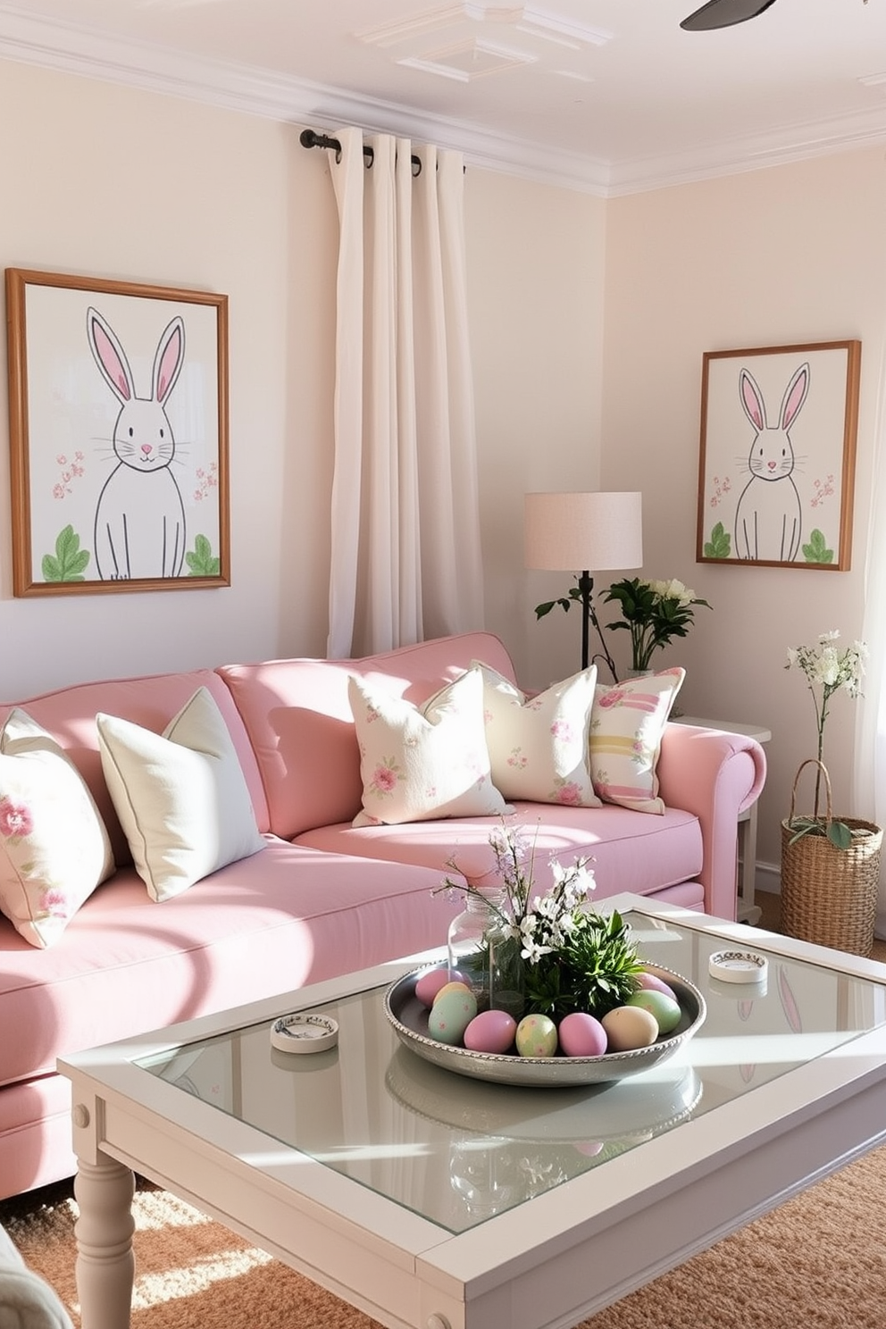 A cozy living room adorned with cheerful Easter bunny art on the walls. The space features a comfortable sofa in pastel colors, complemented by decorative pillows with floral patterns. A beautifully set coffee table displays an array of Easter-themed decorations, including colorful eggs and a small floral arrangement. Soft, natural light filters through sheer curtains, creating a warm and inviting atmosphere.