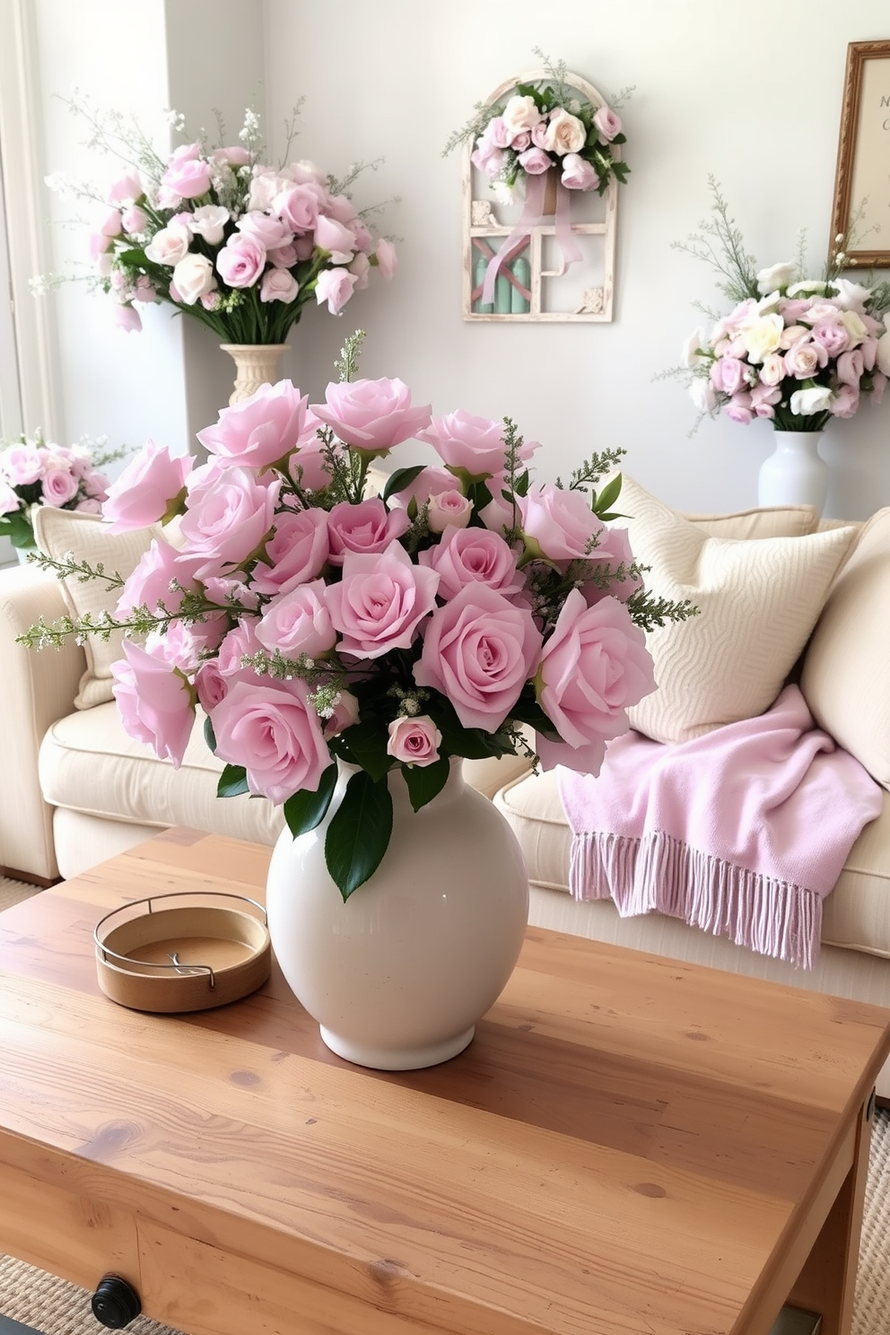 A cozy living room adorned with floral arrangements in pastel colors. Soft pink and lavender blooms are artfully arranged in a large ceramic vase, placed on a rustic wooden coffee table. The room features a light beige sofa with plush cushions that complement the floral theme. A pastel-colored throw blanket is draped over the armrest, adding warmth and charm to the space.