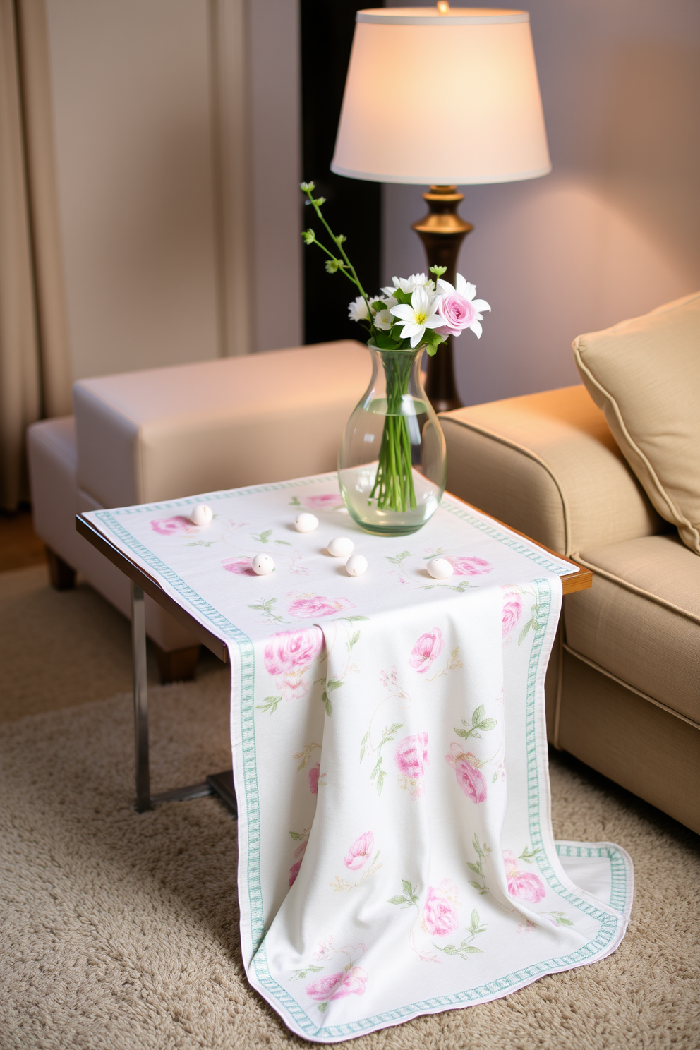 A cozy living room adorned for Easter features decorative baskets filled with faux eggs in various pastel colors. The baskets are artfully arranged on a rustic coffee table, complemented by soft throw pillows and a light, airy atmosphere.