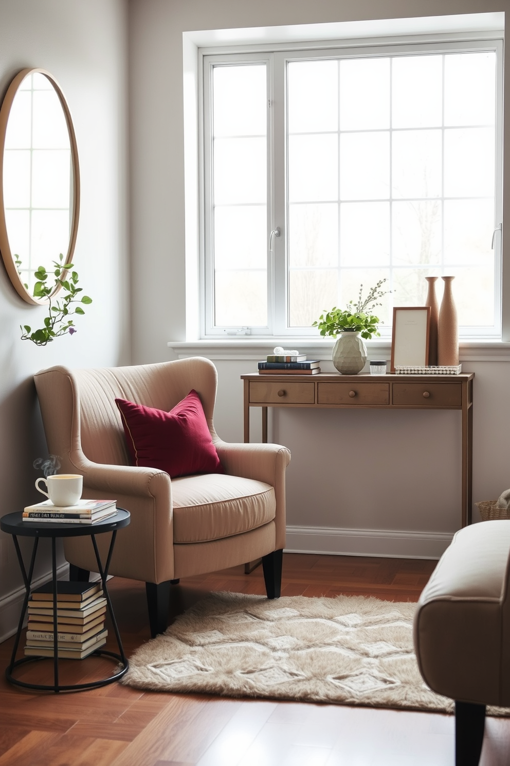 Cozy reading nook by the window. A plush armchair is positioned next to a large window, with a small side table holding a steaming cup of tea and a stack of books. Living room entryway design ideas. A stylish console table is placed against the wall, adorned with decorative items and a mirror above it, while a cozy rug welcomes guests at the entrance.