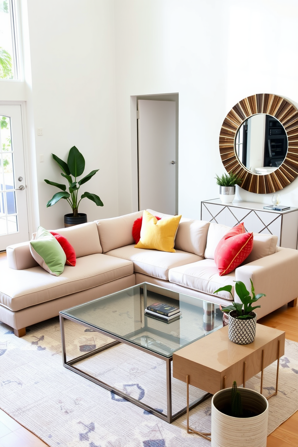 A sleek sectional sofa in a neutral tone dominates the living room, complemented by plush throw pillows in vibrant colors. The space features a minimalist coffee table with a glass top and metallic legs, enhancing the modern appeal. The entryway showcases a stylish console table with a bold geometric design, adorned with a statement mirror above it. A chic area rug in a subtle pattern anchors the space, while a few potted plants add a touch of greenery.