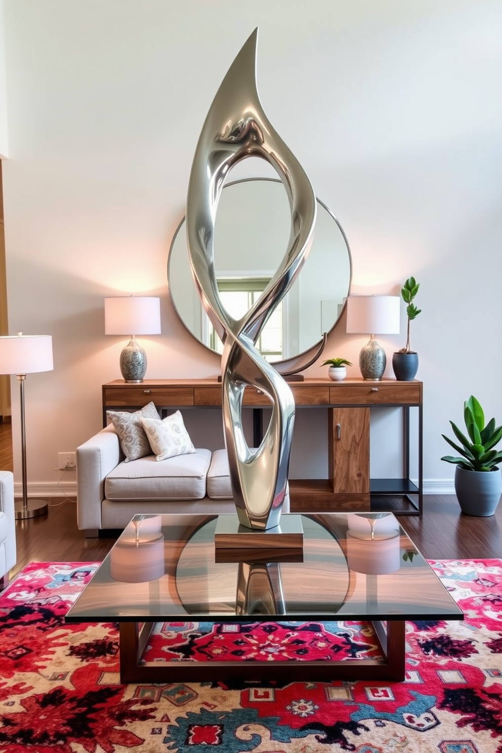 Artistic sculpture as a focal point. The living room features a striking abstract sculpture made of polished metal, positioned prominently on a sleek glass pedestal. The surrounding decor includes a plush sectional sofa in a neutral tone and a contemporary coffee table with geometric lines. Soft lighting from elegant floor lamps highlights the sculpture, creating an inviting atmosphere. Entryway design ideas. The entryway showcases a stunning console table crafted from reclaimed wood, topped with a large round mirror that reflects natural light. Flanking the console are stylish potted plants that add a touch of greenery, while a vibrant area rug anchors the space and welcomes guests.