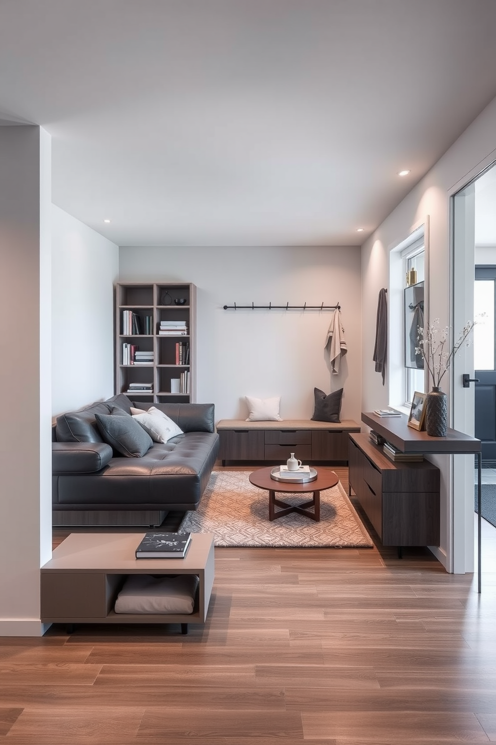 A stylish entryway featuring wall-mounted coat hooks made of brushed brass. The hooks are arranged in a staggered pattern against a soft gray wall, providing both functionality and a touch of elegance. The space is complemented by a sleek bench with a plush cushion in a muted tone. A large round mirror hangs above the bench, reflecting natural light and creating a welcoming ambiance.