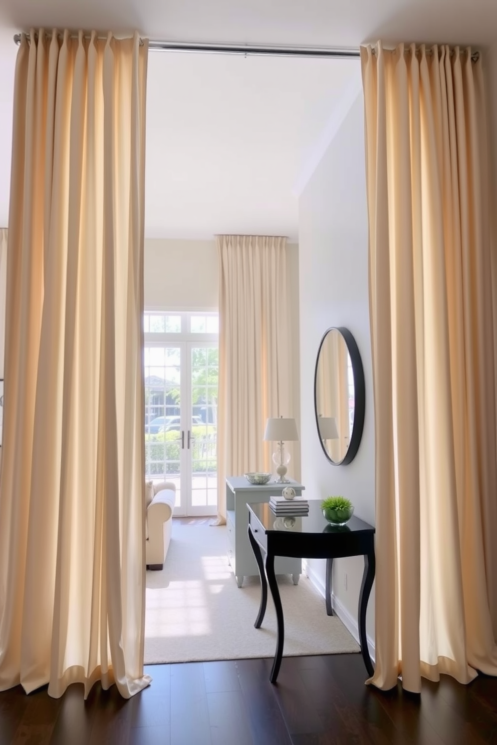 A functional entryway features a built-in bench with storage underneath for shoes and bags. The walls are adorned with hooks for coats and a large mirror to enhance the space. In the living room entryway, a stylish console table is placed against the wall, decorated with a vase and a few books. Soft lighting from a nearby lamp creates a warm and inviting atmosphere for guests.