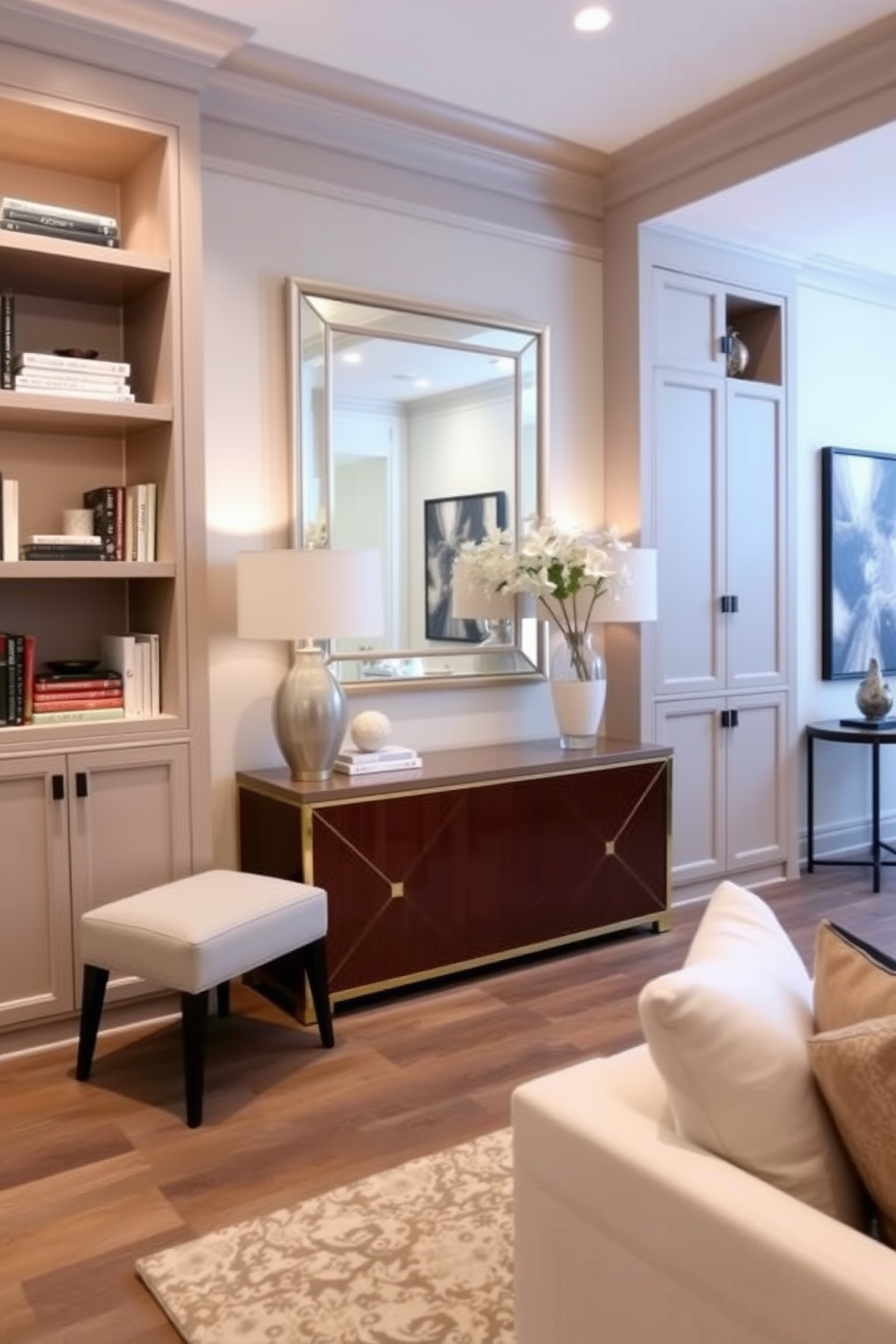 A stunning entryway featuring a statement lighting fixture that cascades down from the ceiling, creating a warm and inviting atmosphere. The walls are adorned with elegant wallpaper, and a plush area rug lies beneath a stylish console table, enhancing the overall aesthetic.