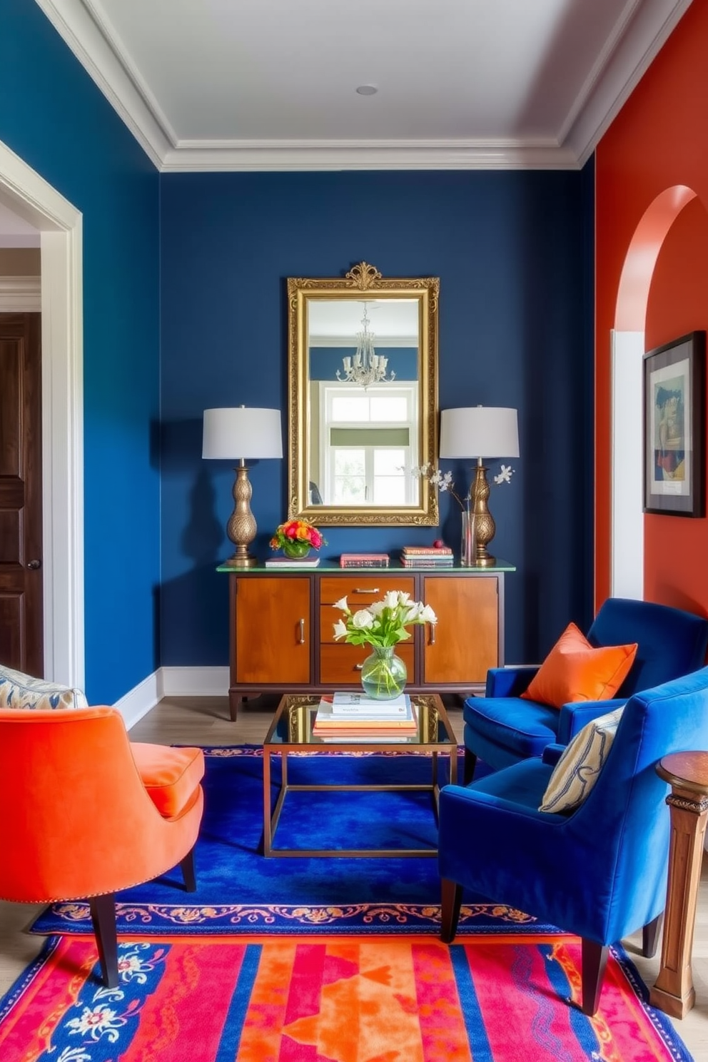 Accent chairs in vibrant colors. The room features a mix of bold blues and rich oranges, creating a lively atmosphere that draws attention. Living Room Entryway Design Ideas. A stylish console table with a decorative mirror above it welcomes guests, while a colorful area rug adds warmth and character to the space.