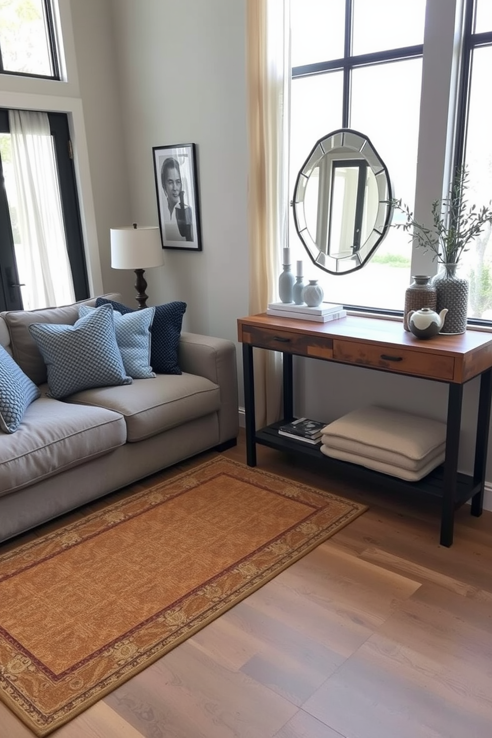 Textured cushions in varying shades of blue and gray are scattered across a plush, oversized sofa, creating an inviting atmosphere. A warm area rug with intricate patterns anchors the seating area, while natural light pours in through large windows adorned with sheer drapes. The entryway features a minimalist console table made of reclaimed wood, topped with decorative items and a stylish mirror. A cozy bench with a soft cushion sits below the mirror, providing a welcoming spot for guests to remove their shoes.