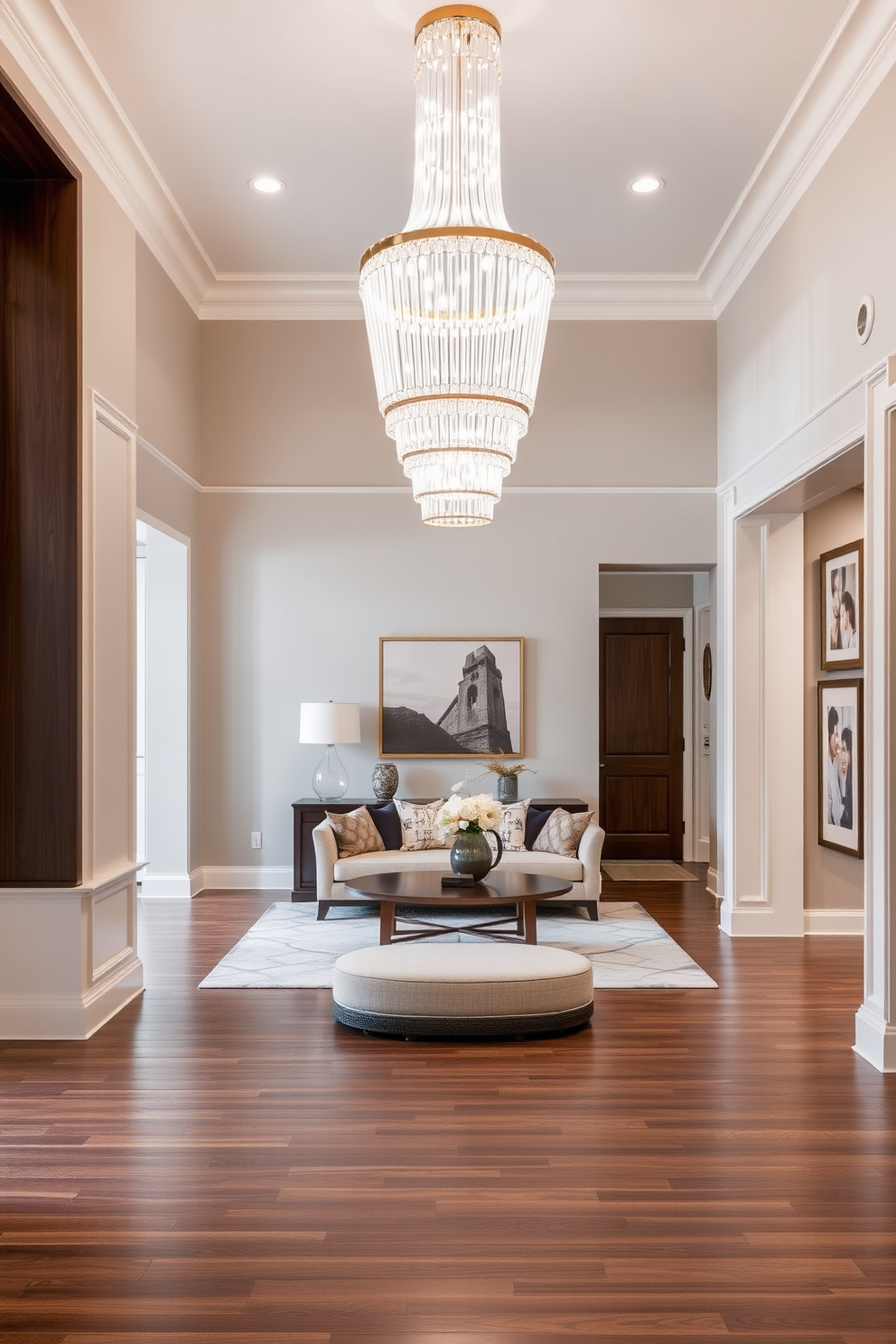 A stunning living room entryway features a statement lighting fixture that gracefully hangs above a plush seating area. The walls are adorned with elegant artwork, and the flooring is a rich hardwood that complements the overall design.