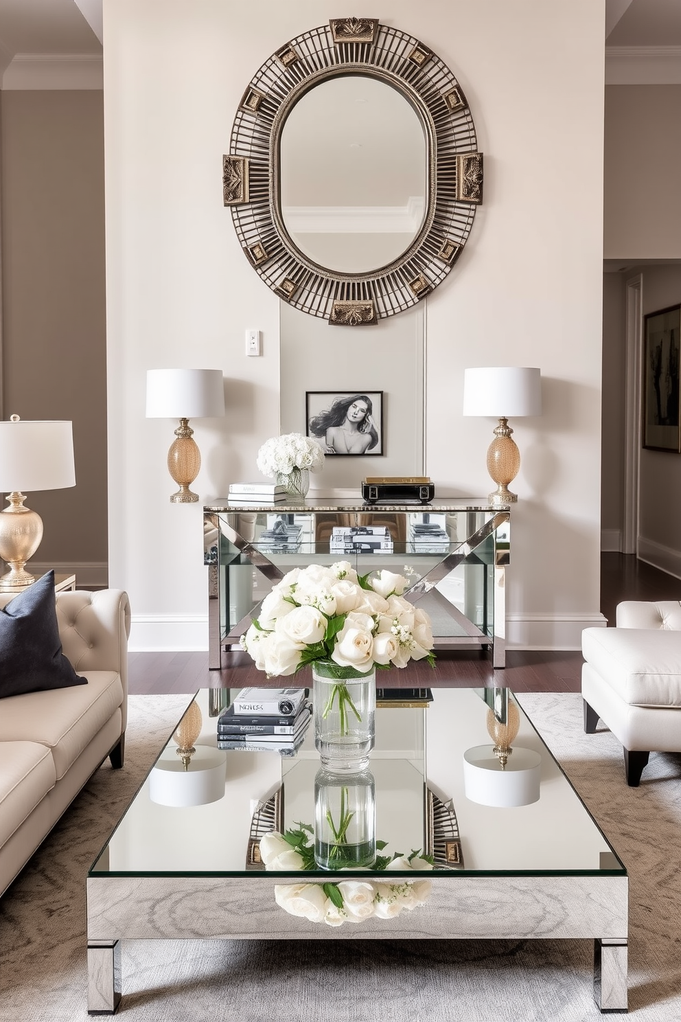 A chic living room features mirrored furniture that reflects light and adds a touch of glamour. The space includes a sleek mirrored coffee table surrounded by plush seating and elegant decor. In the entryway, mirrored accents enhance the sense of space and sophistication. A stylish mirrored console table is paired with a striking mirror above, creating a welcoming and visually appealing focal point.