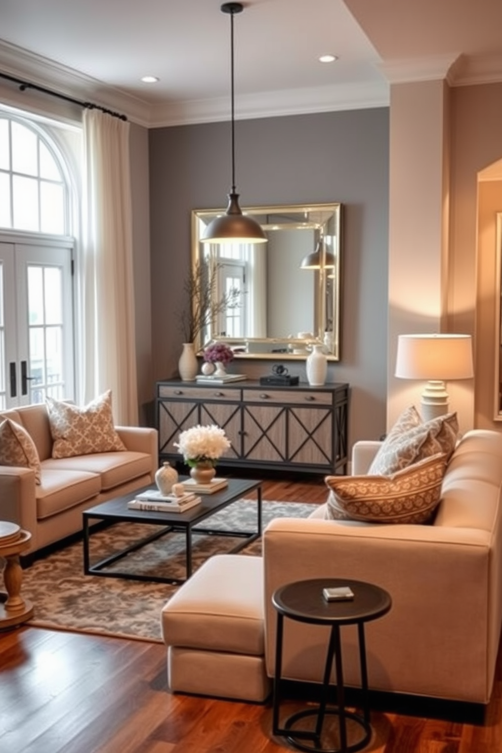 A warm living room filled with soft lighting creates a cozy atmosphere. Plush sofas in neutral tones are arranged around a low coffee table, while a large area rug adds texture underfoot. The entryway features a stylish console table adorned with decorative items. A statement mirror hangs above the table, reflecting the gentle glow of a nearby pendant light.