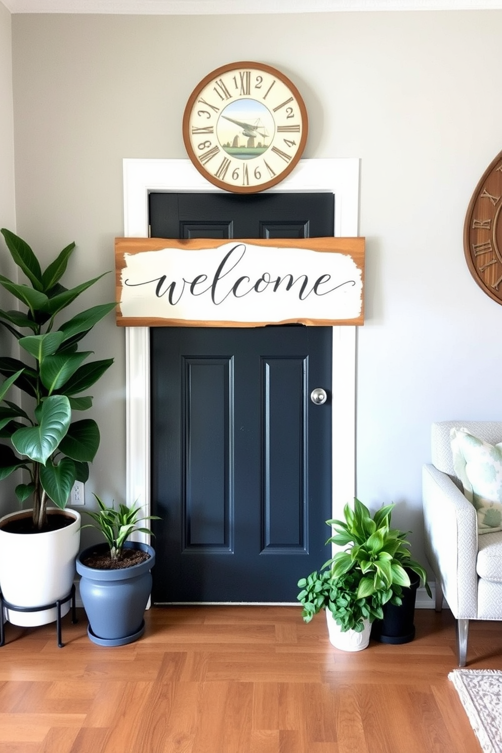 A cozy living room entryway features a personalized welcome sign made of reclaimed wood. The sign is adorned with elegant calligraphy and surrounded by potted plants that add a touch of greenery.