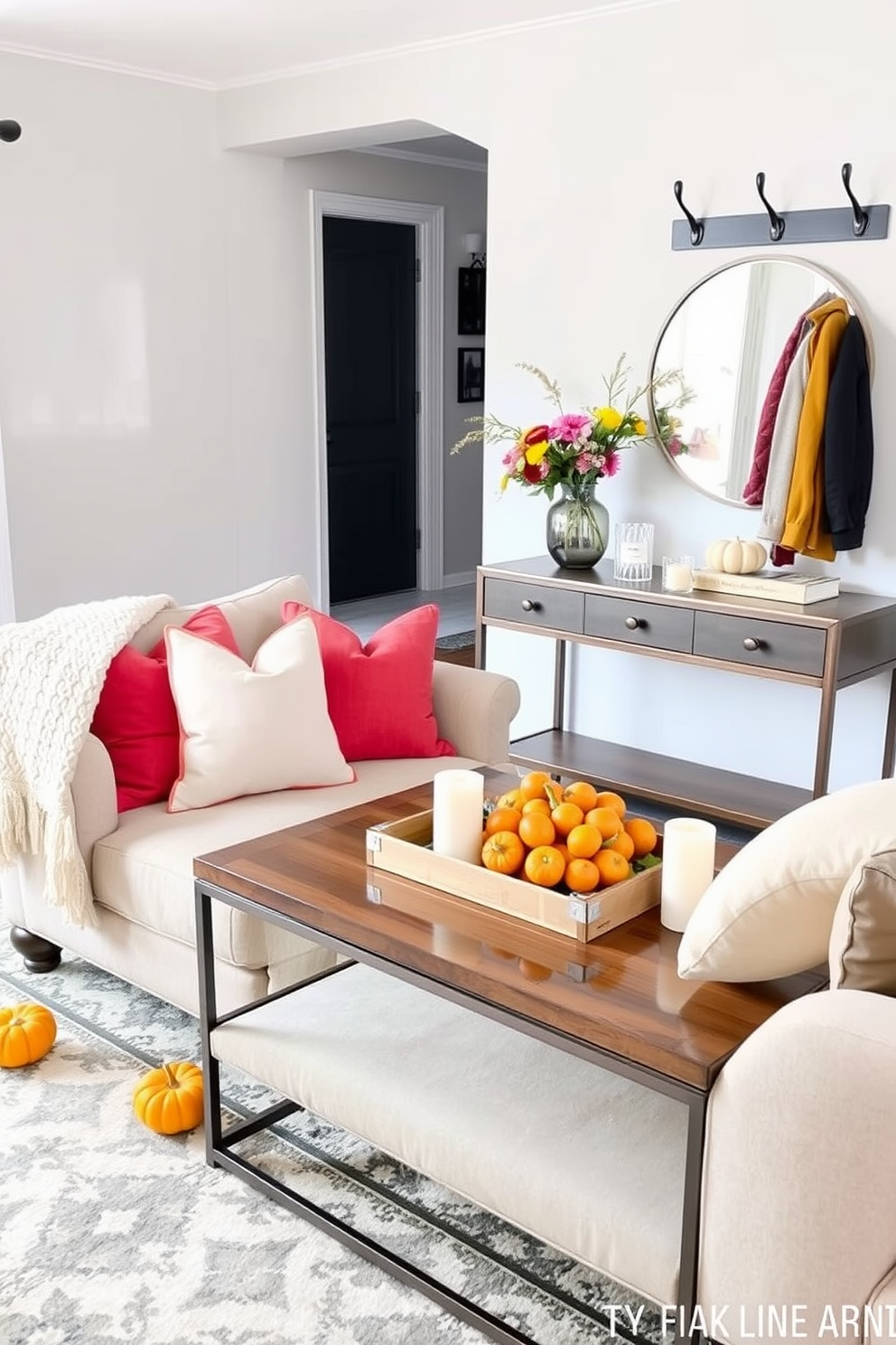 A stylish side table is positioned next to a plush sofa in the living room. It features a sleek glass top supported by a modern metallic base, adorned with a decorative lamp and a stack of art books. In the entryway, a chic side table welcomes guests with its elegant design. It showcases a small potted plant and a decorative tray holding keys and small essentials, creating an inviting atmosphere.